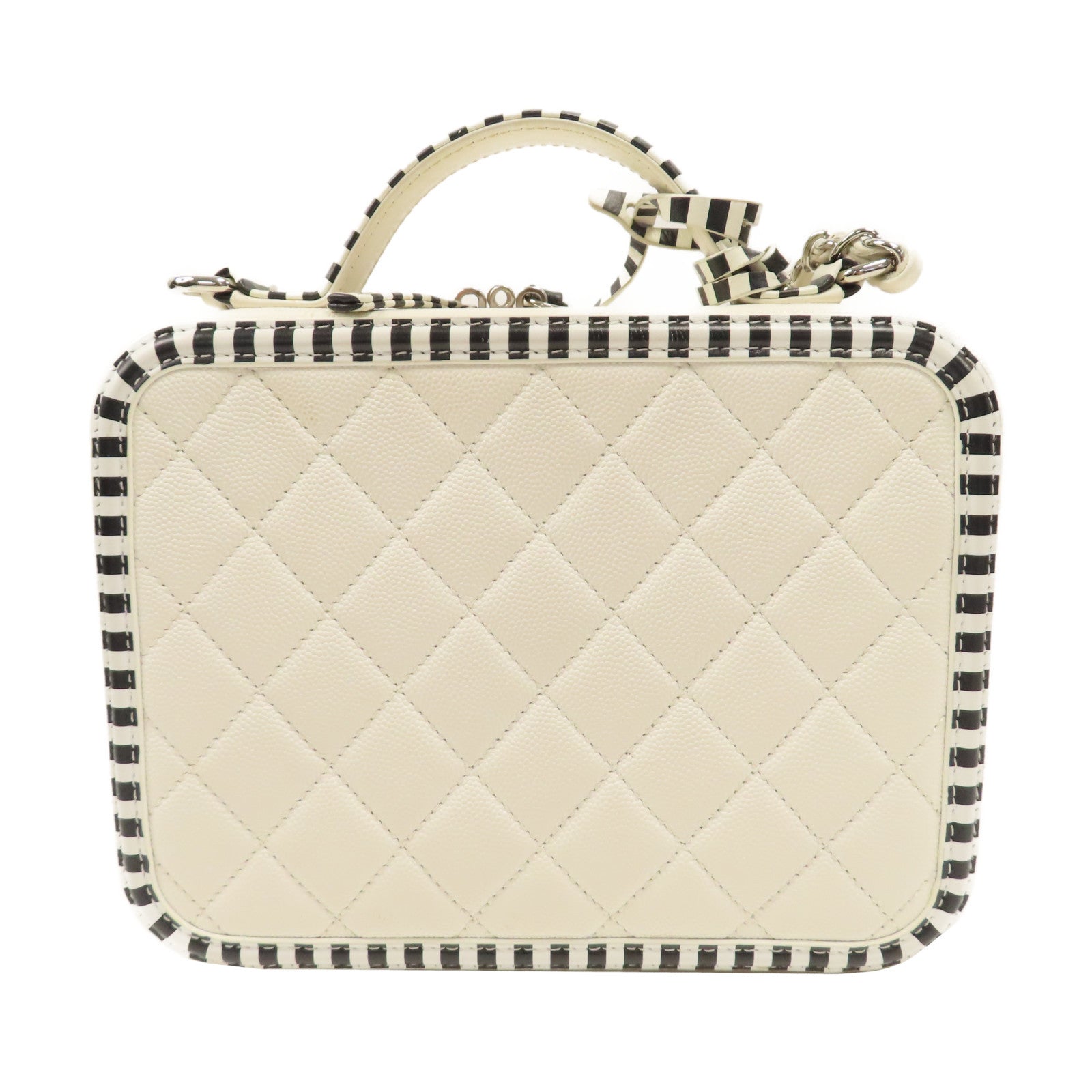 CHANEL 菱格Caviar皮革Filigree Vanity Case銀扣手挽肩背兩用袋黑色/白色