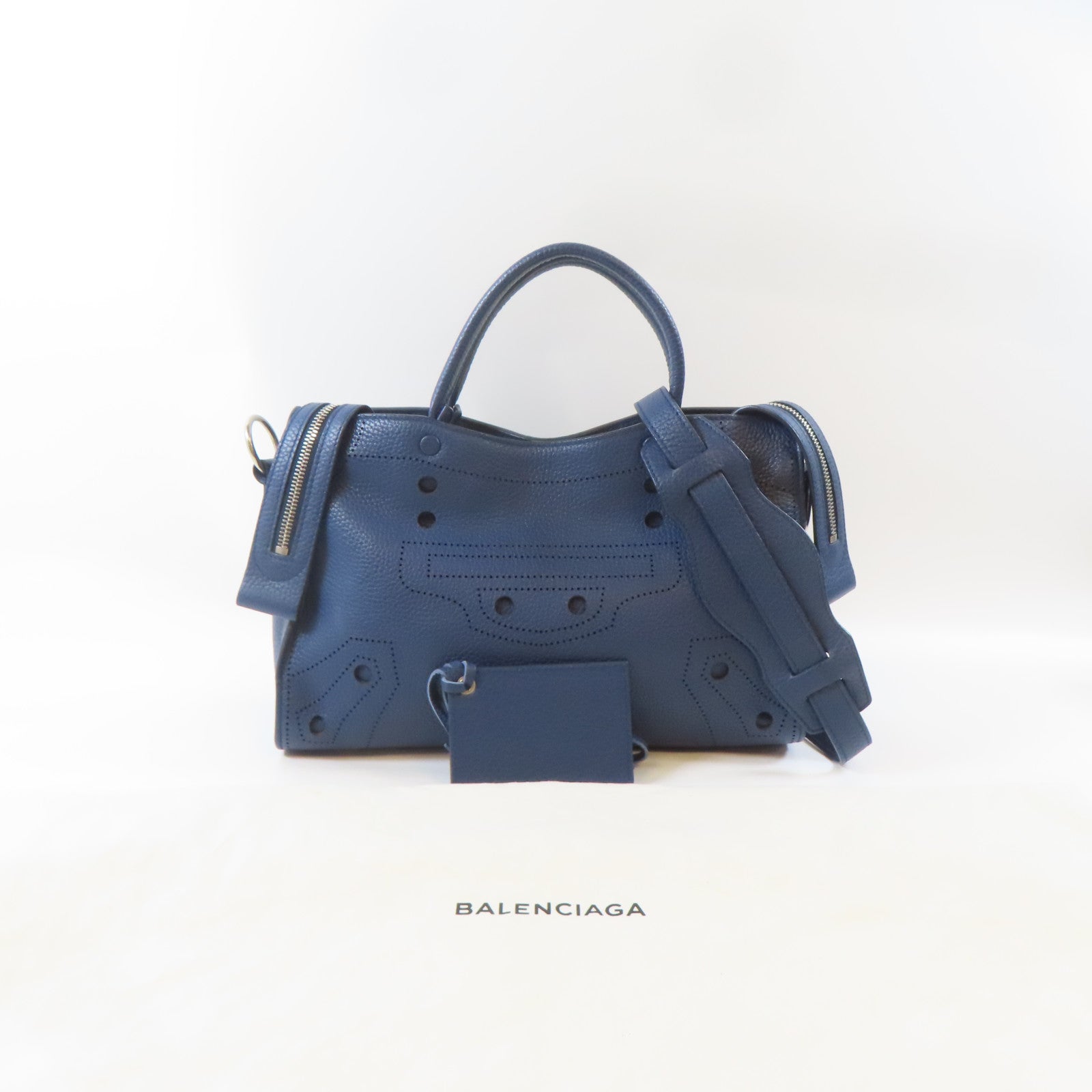 BALENCIAGA 牛皮皮革Blackout City銀扣手挽肩背兩用袋藍色