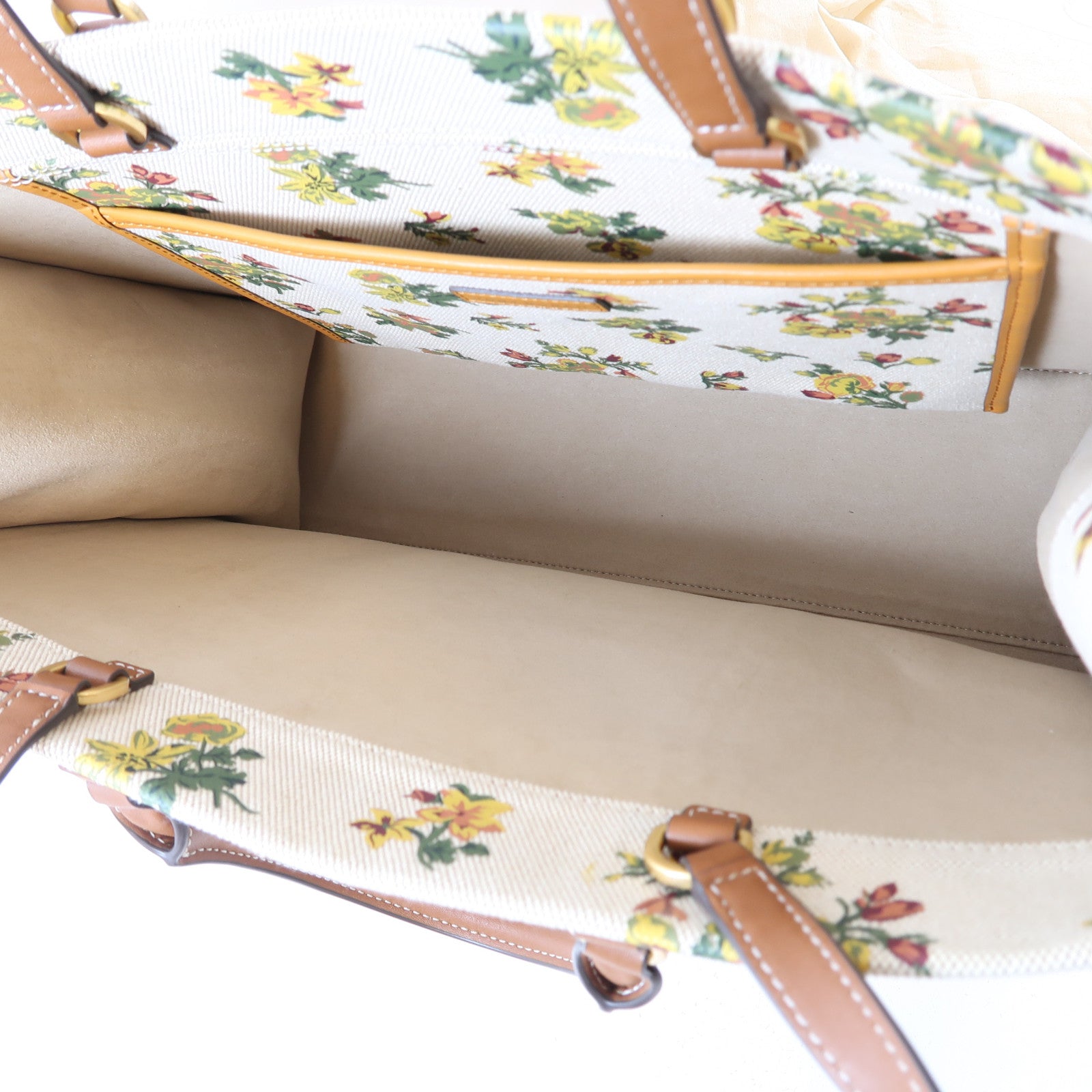Tory Burch 帆布/牛皮皮革Tote Bag金扣手挽肩背兩用袋米色/黃色/綠色