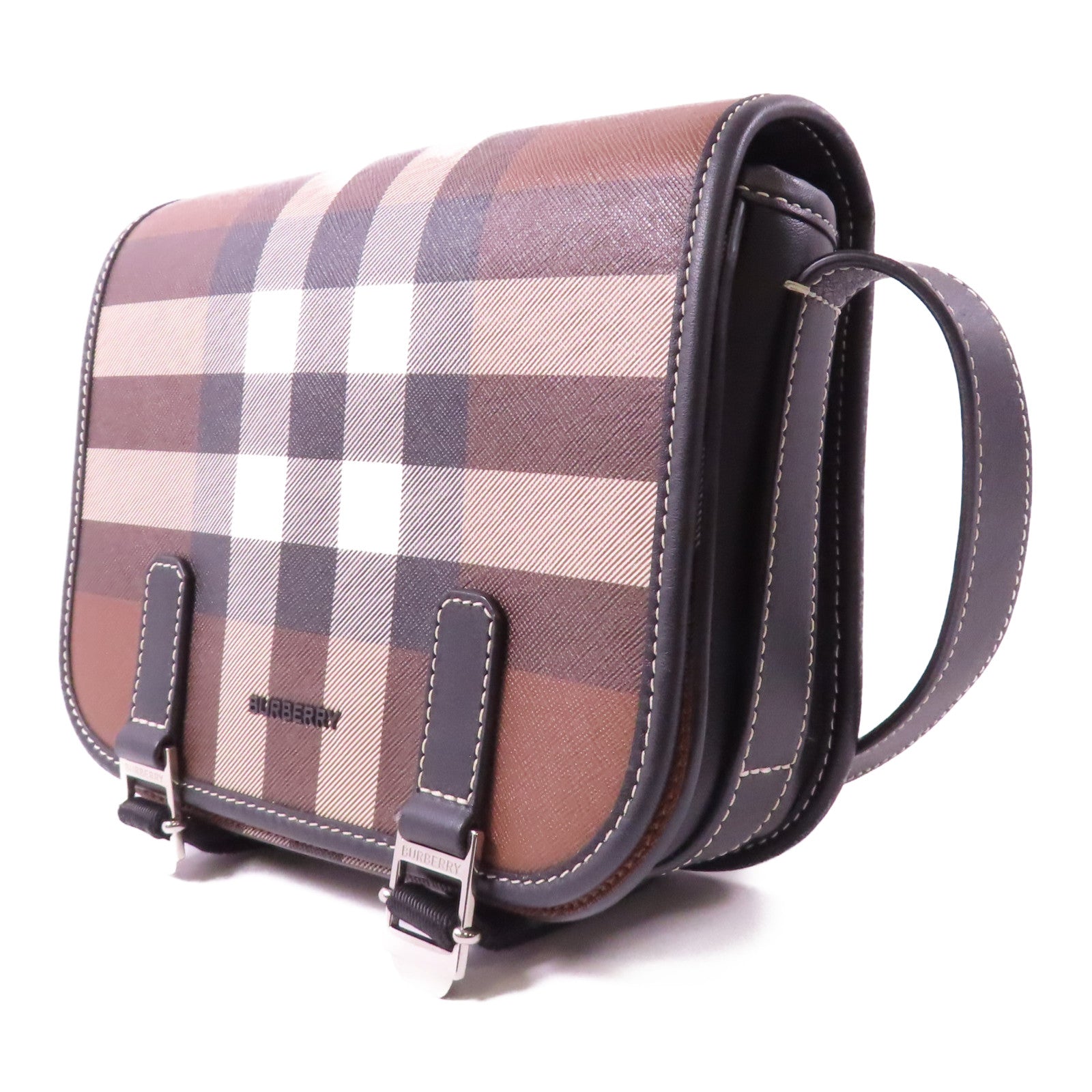 BURBERRY 塗層帆布Shoulder Bag銀扣肩背袋啡色/黑色