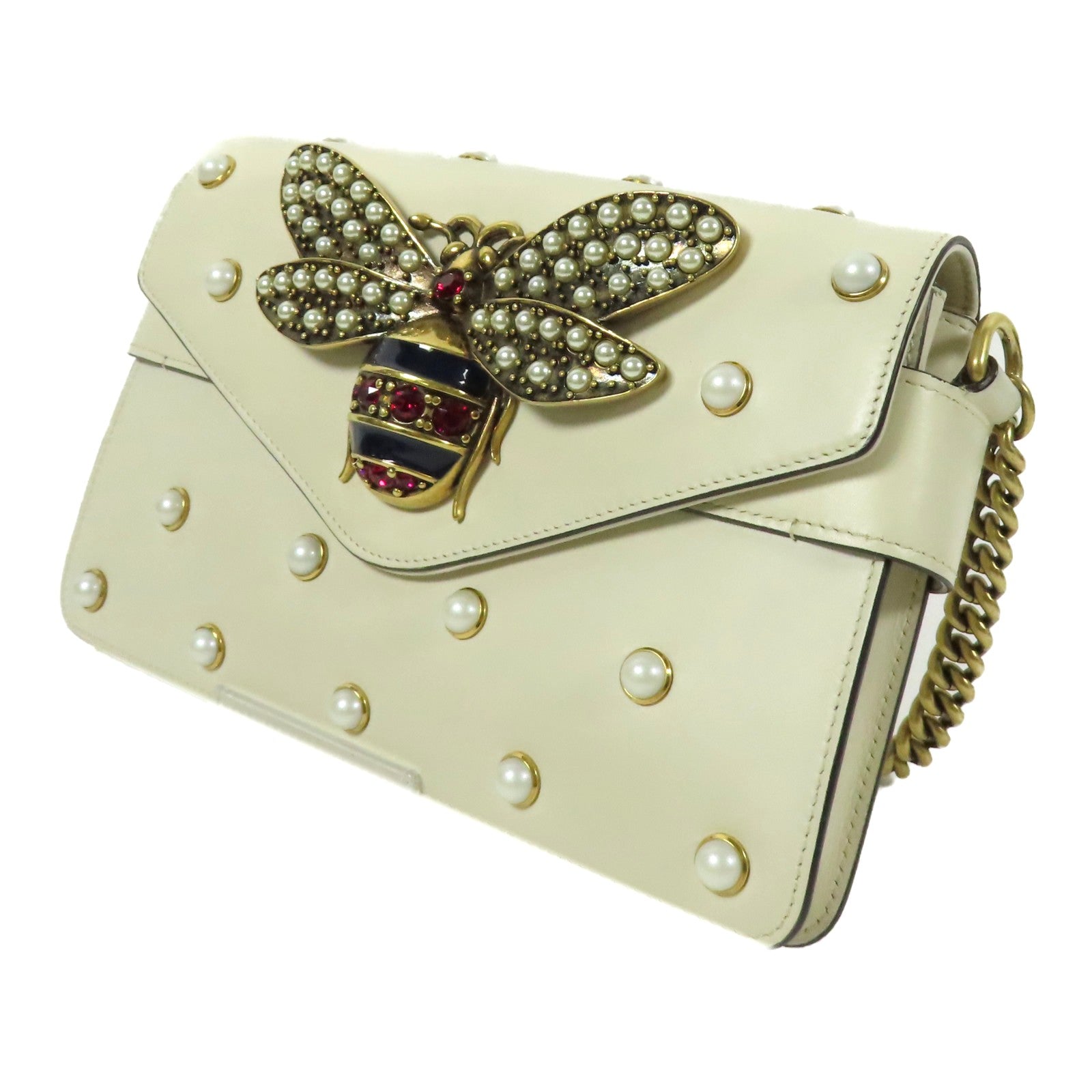GUCCI GG GHW Broadway Pearl Bee Shoulder Bag Calfskin Leather Beige
