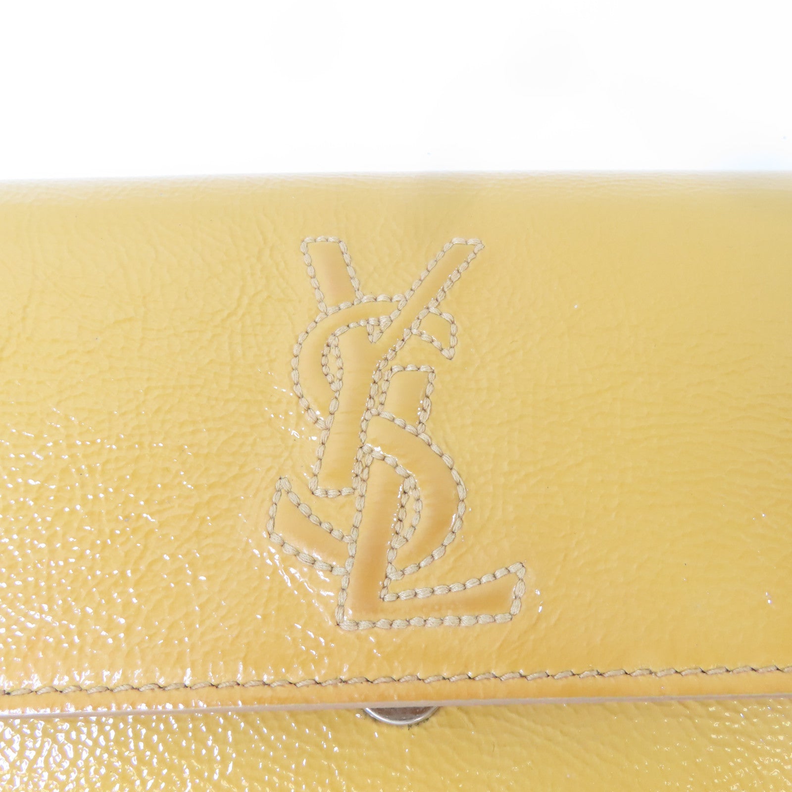 YVES SAINT LAURENT 漆皮皮革Clutch銀扣手拿包芥末色