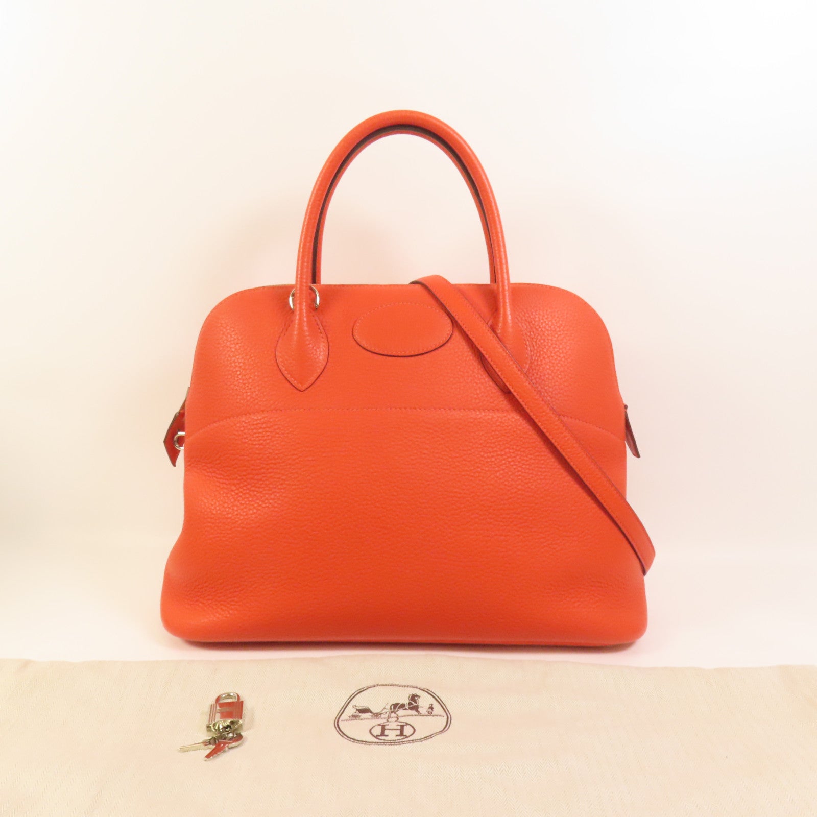 HERMES Clemence皮革Bolide 35銀扣手挽肩背兩用袋Orange Poppy