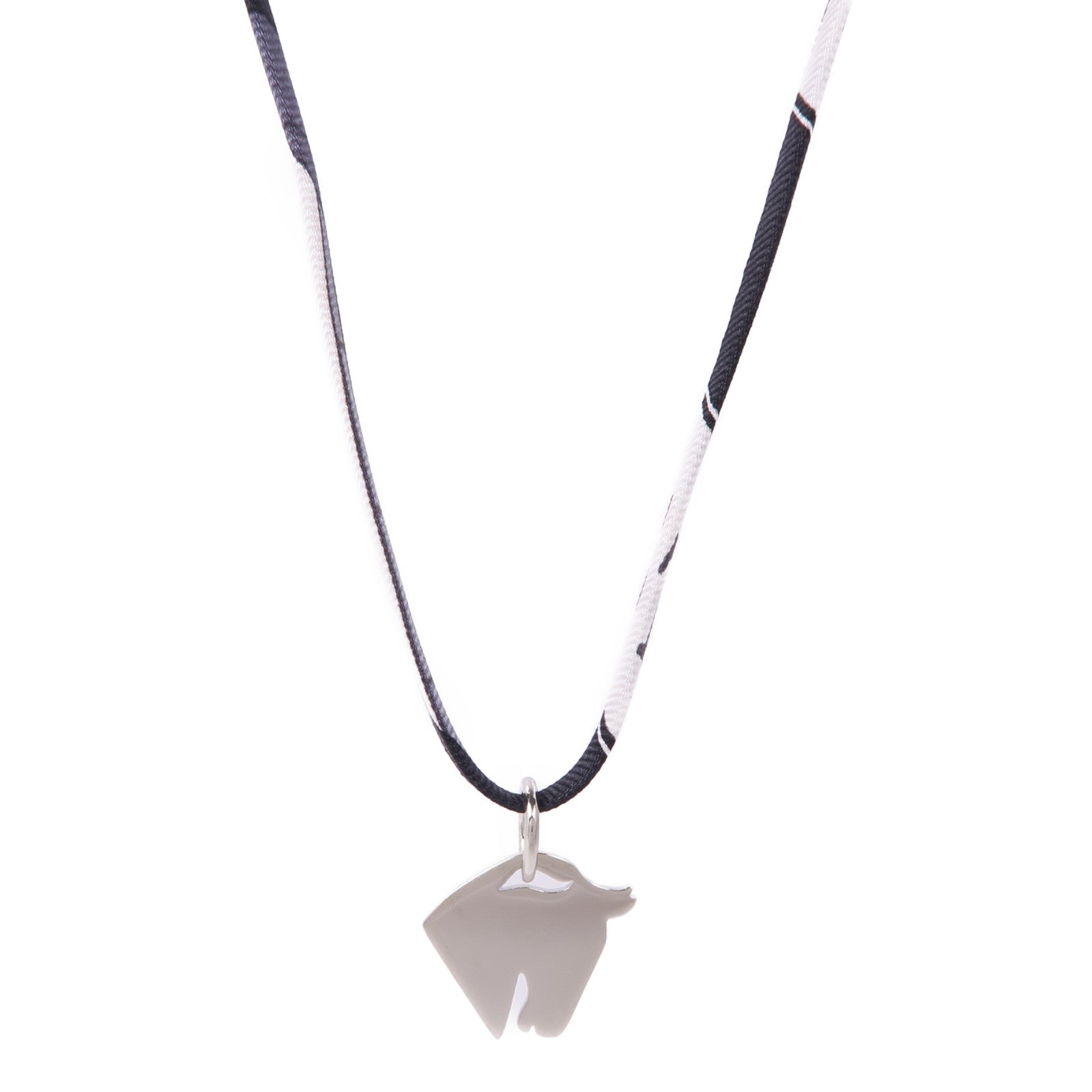 HERMES Tourbillon Necklace Bracelet Silk Metal Silver Black White Khaki