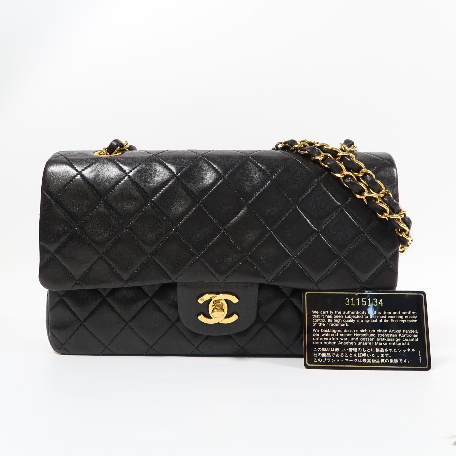 CHANEL 菱格牛皮皮革Classic 25cm金扣鏈帶肩背袋黑色
