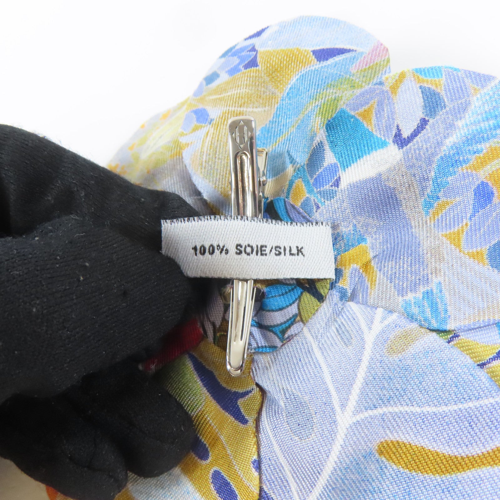 HERMES 絲質ACCESSOIRES FLEUR EN TWILL銀扣髮夾藍色