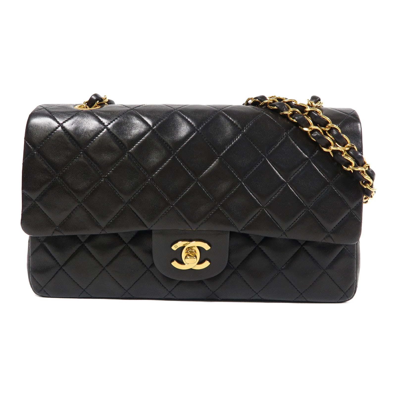 CHANEL 菱格牛皮皮革Classic 25cm金扣鏈帶肩背袋黑色