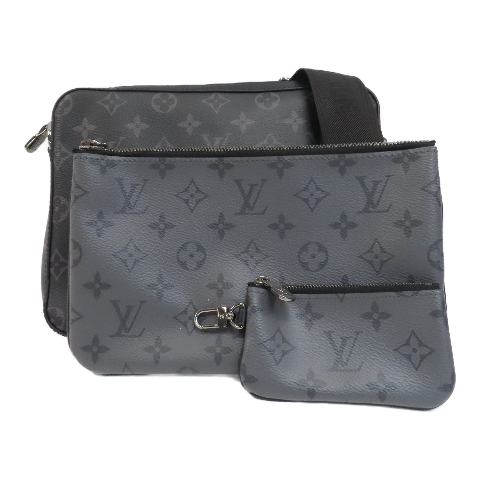LOUIS VUITTON Monogram Eclipse Trio Messenger銀扣肩背袋黑色/灰色