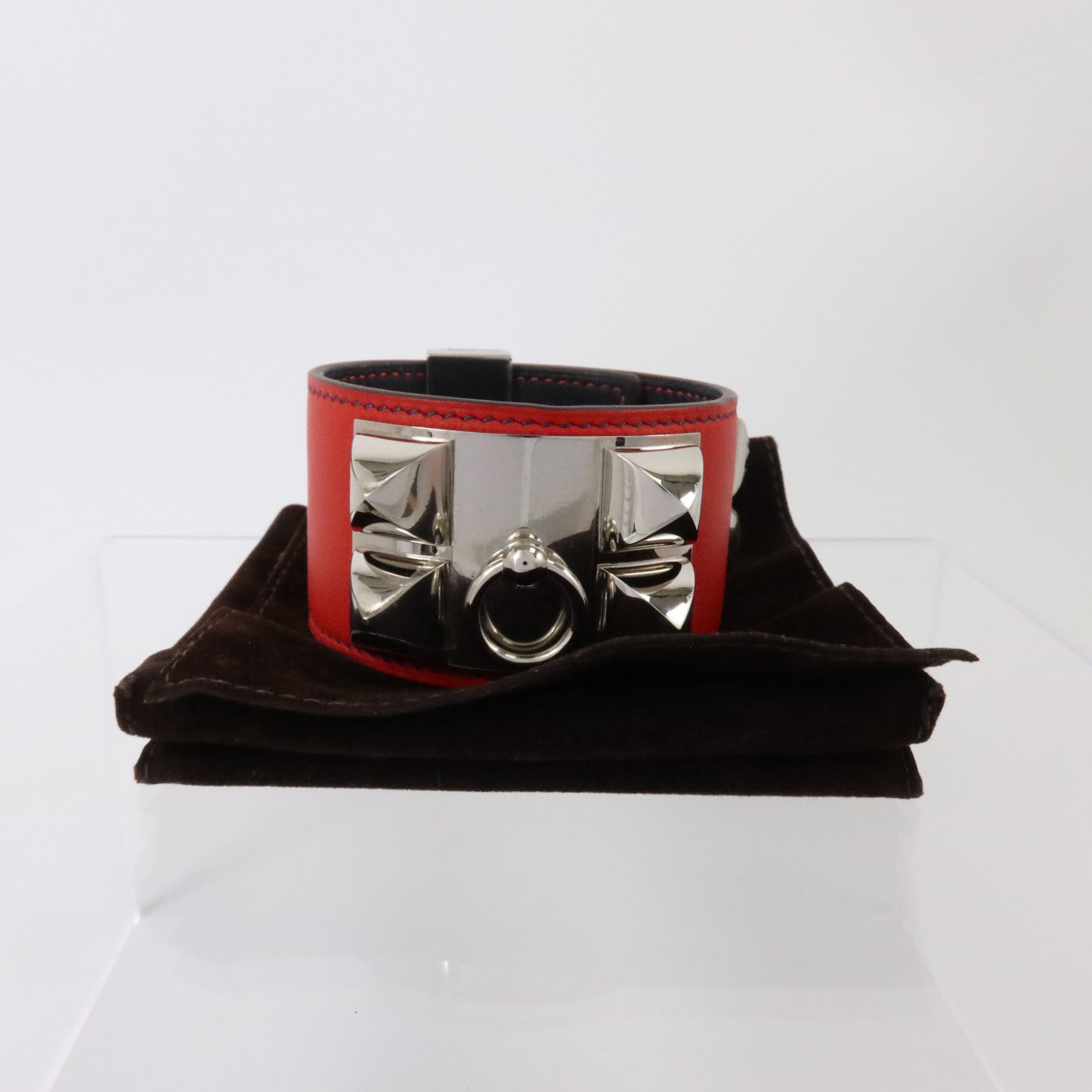 HERMES Swift皮革/金屬Collier De Chien Bracelet銀扣扣手鏈Rouge Casaque
