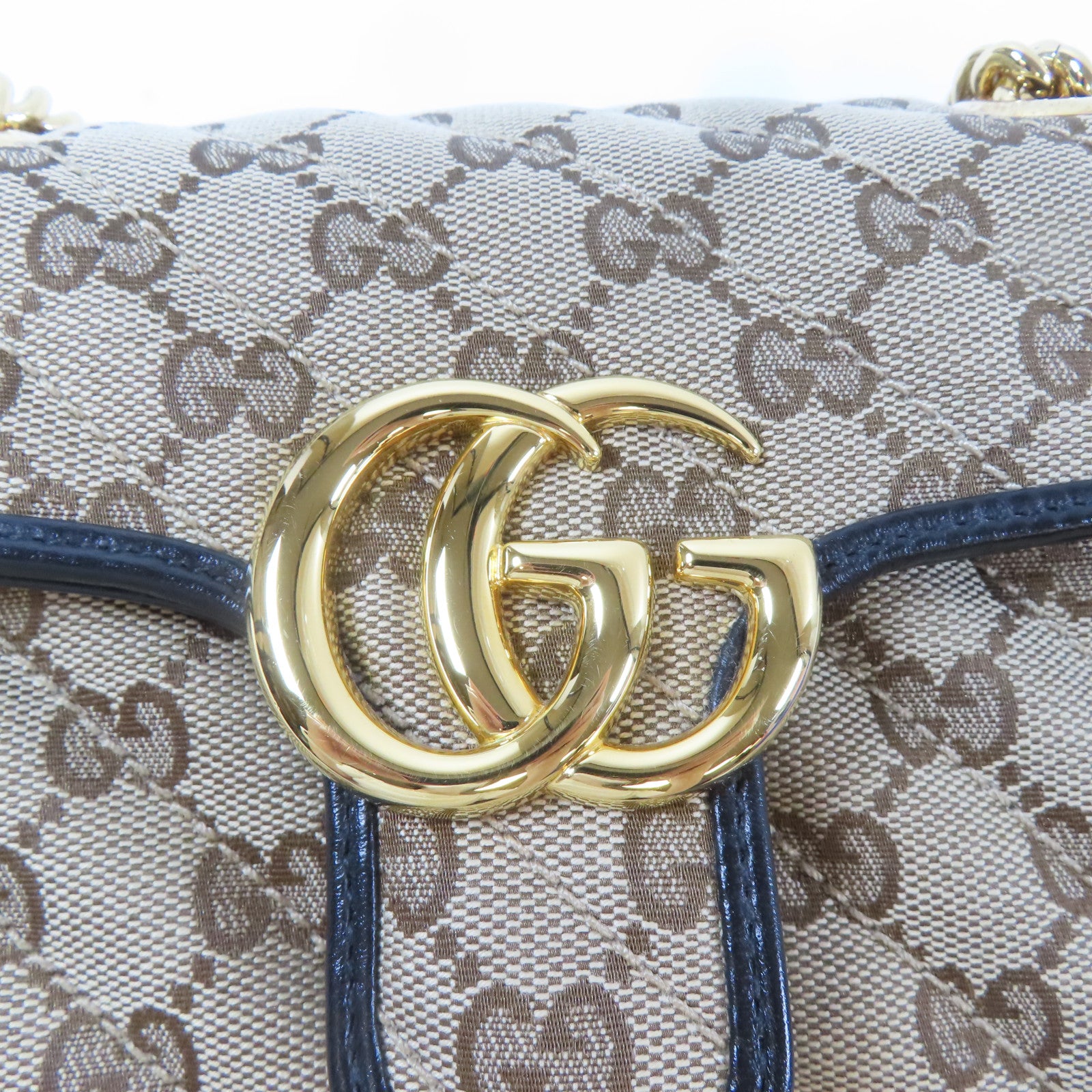 GUCCI 斜紋帆布GG Marmont金扣鏈帶肩背袋黑色/啡色