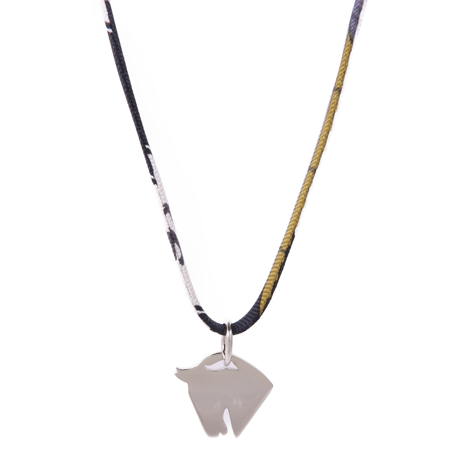 HERMES Tourbillon Necklace Bracelet Silk Metal Silver Black White Khaki