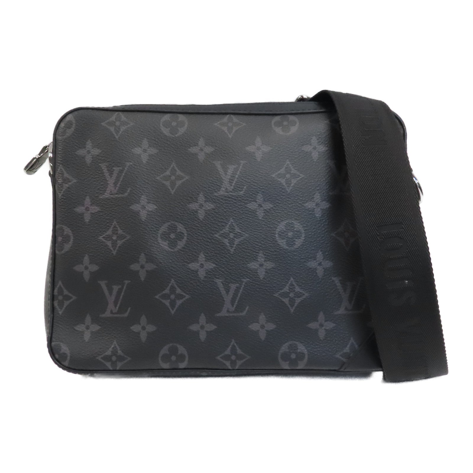LOUIS VUITTON Monogram Eclipse Trio Messenger銀扣肩背袋黑色/灰色