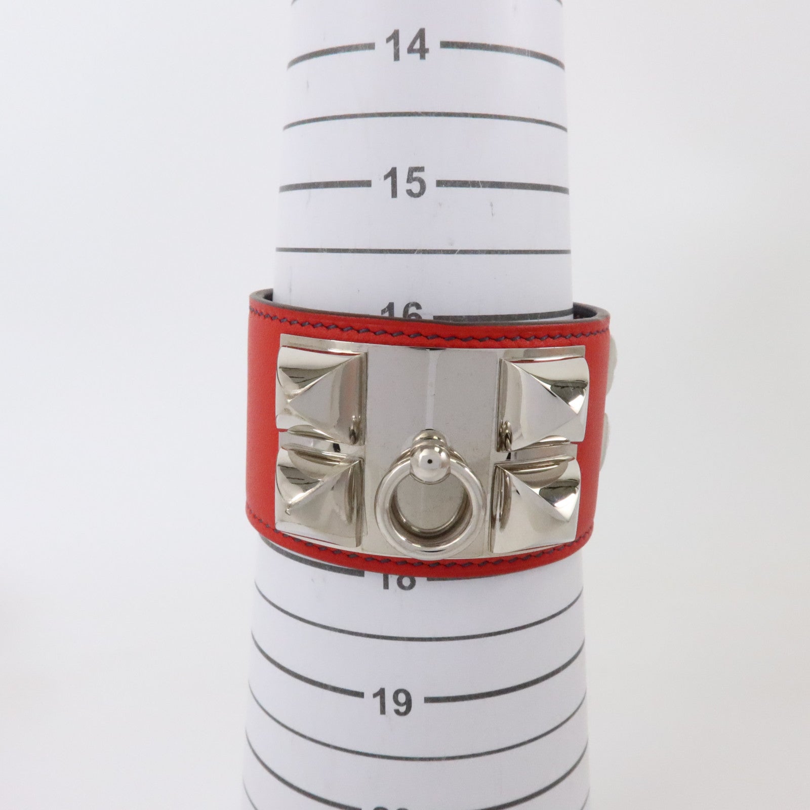 HERMES Swift皮革/金屬Collier De Chien Bracelet銀扣扣手鏈Rouge Casaque