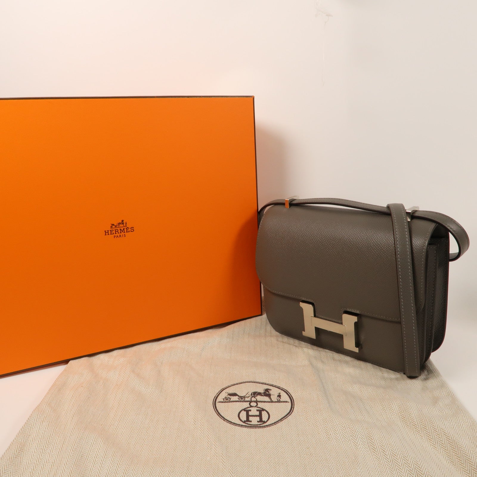 HERMES Epsom皮革Constance Mini銀扣手挽肩背兩用袋積雨雲灰色