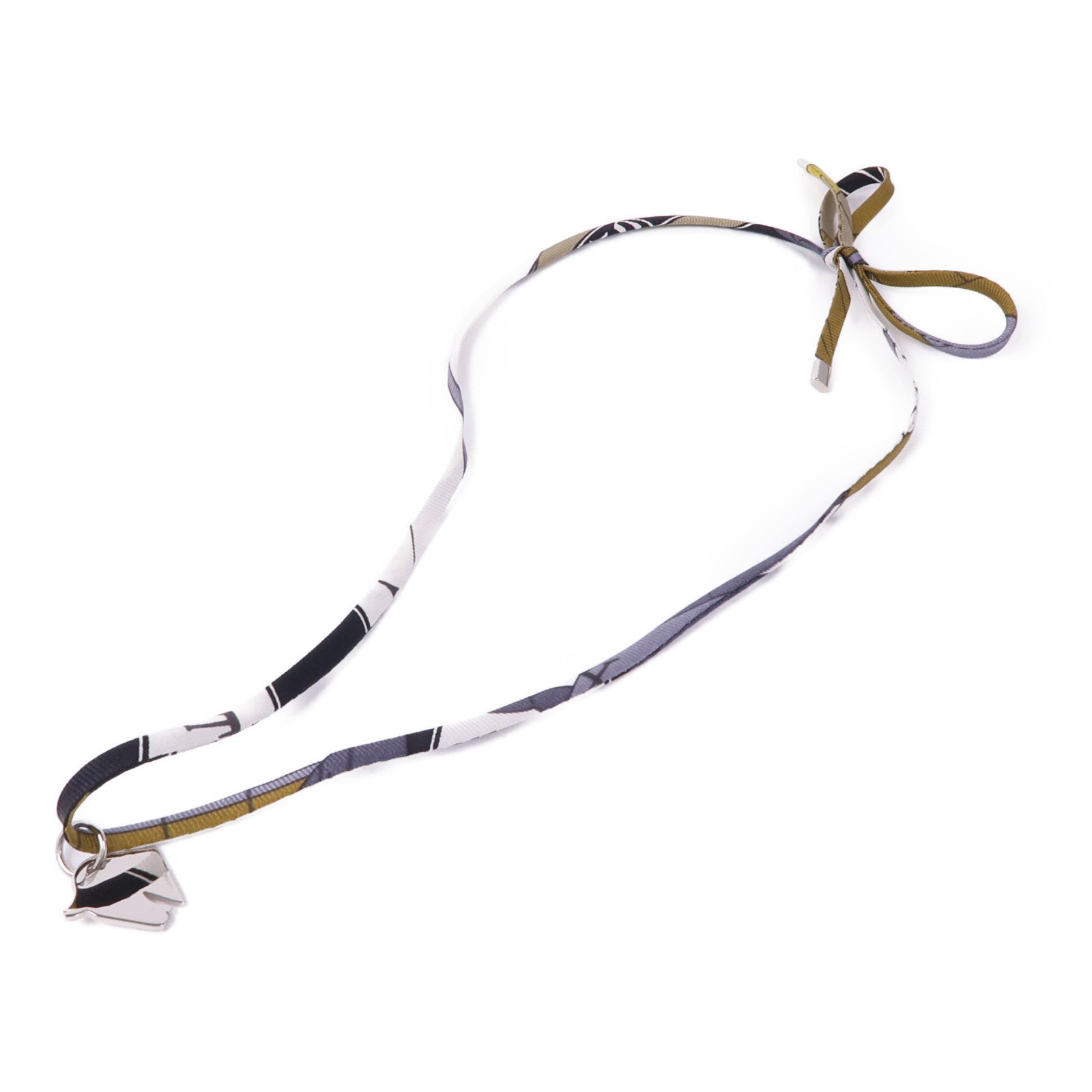 HERMES Tourbillon Necklace Bracelet Silk Metal Silver Black White Khaki