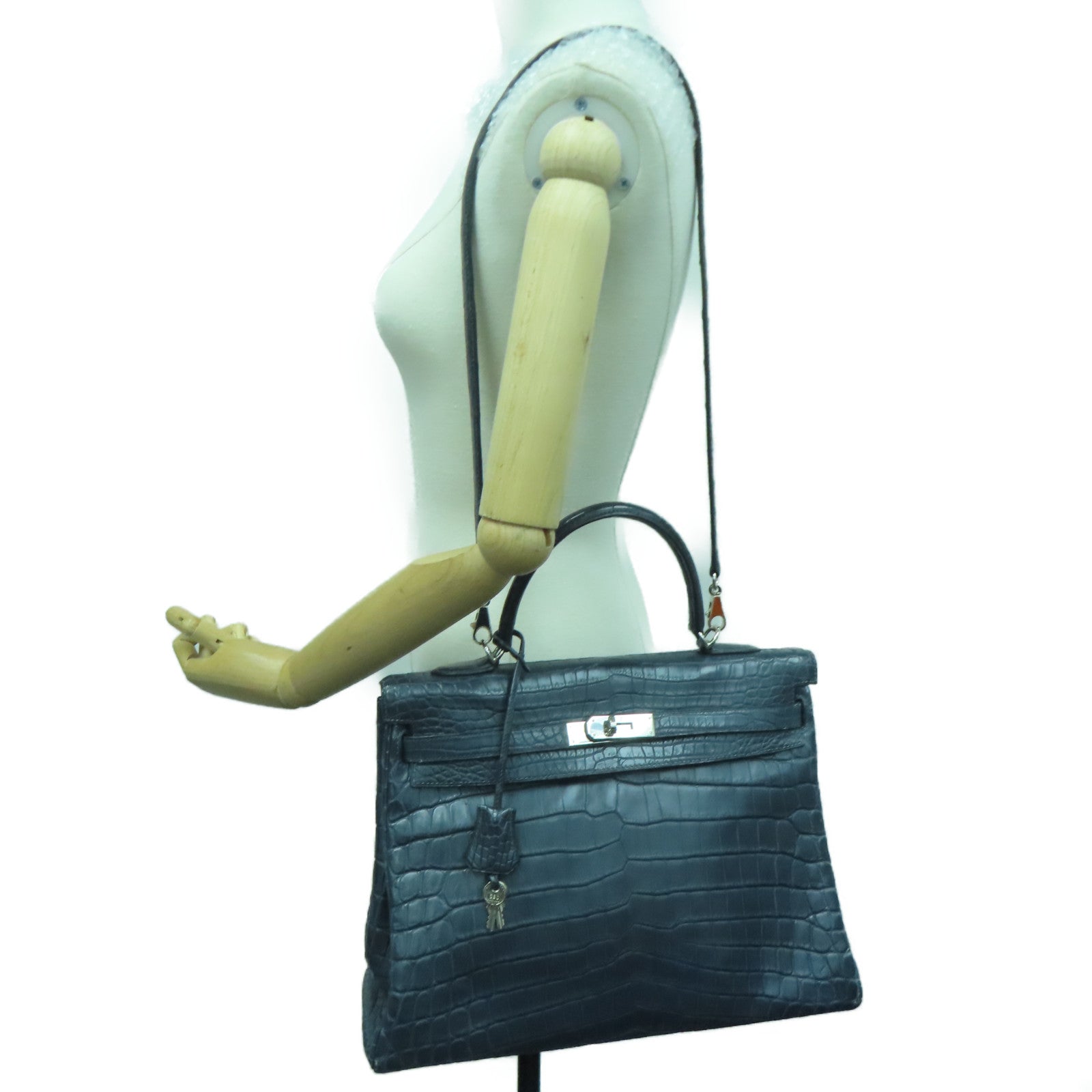 HERMES 【激減優惠】鱷魚皮革Kelly 35銀扣手挽袋Blue Abysse深淵藍色