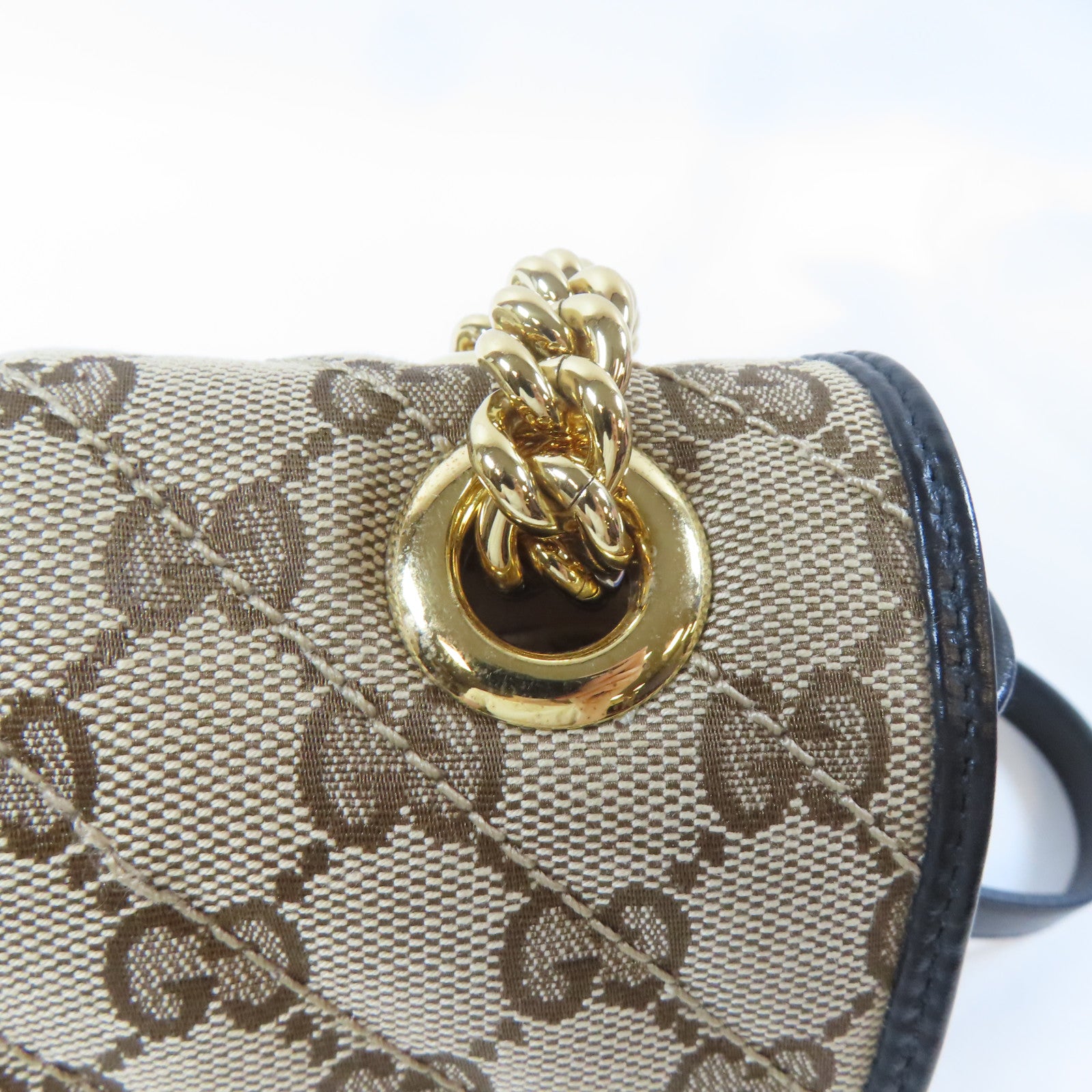 GUCCI 斜紋帆布GG Marmont金扣鏈帶肩背袋黑色/啡色