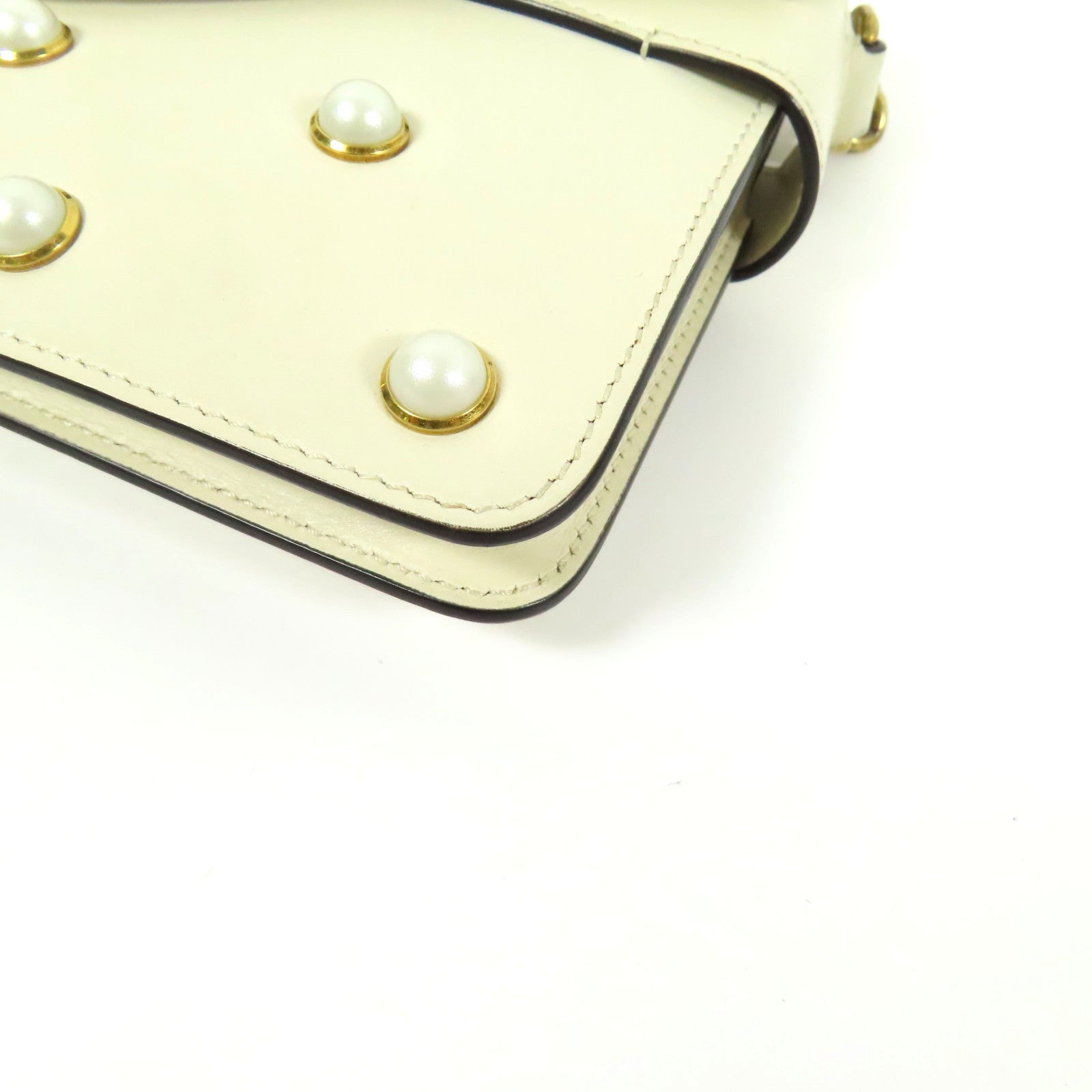 GUCCI GG GHW Broadway Pearl Bee Shoulder Bag Calfskin Leather Beige