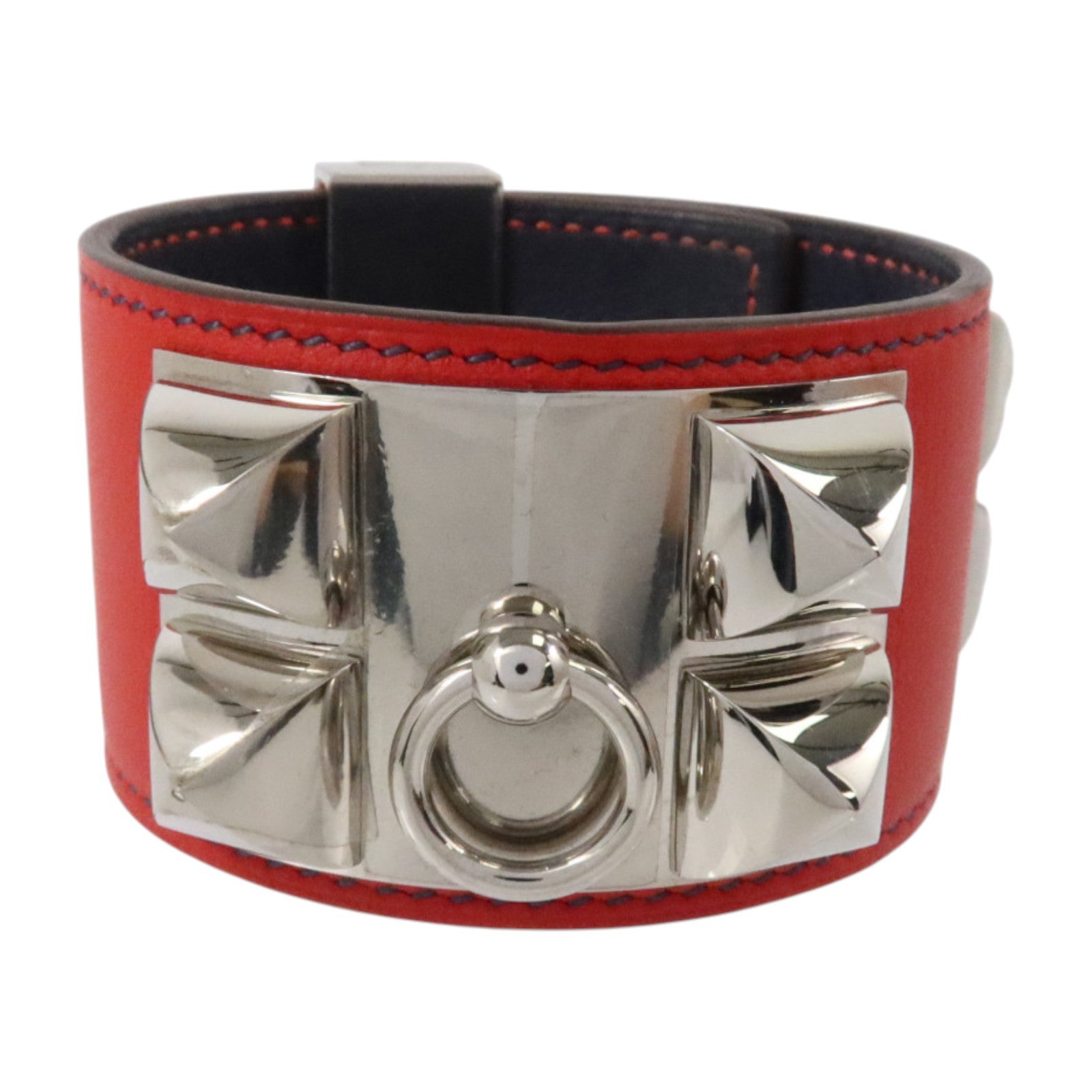 HERMES Swift皮革/金屬Collier De Chien Bracelet銀扣扣手鏈Rouge Casaque