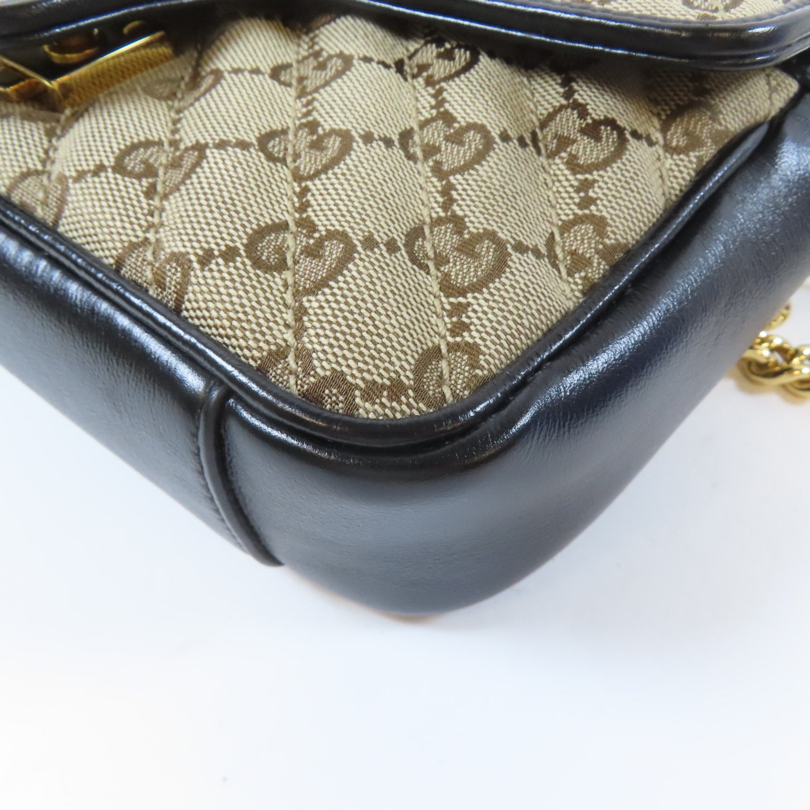 GUCCI 斜紋帆布GG Marmont金扣鏈帶肩背袋黑色/啡色
