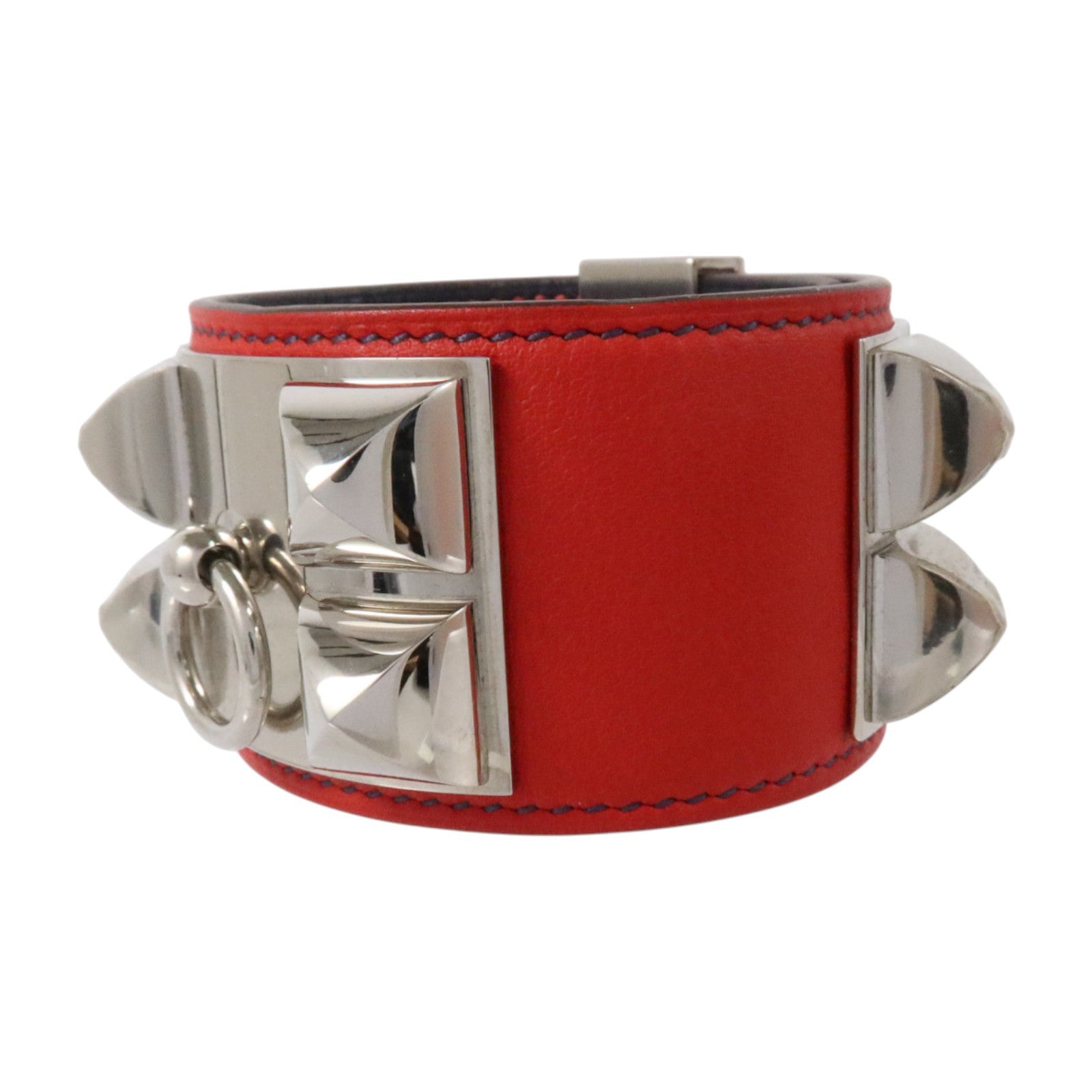 HERMES Swift皮革/金屬Collier De Chien Bracelet銀扣扣手鏈Rouge Casaque