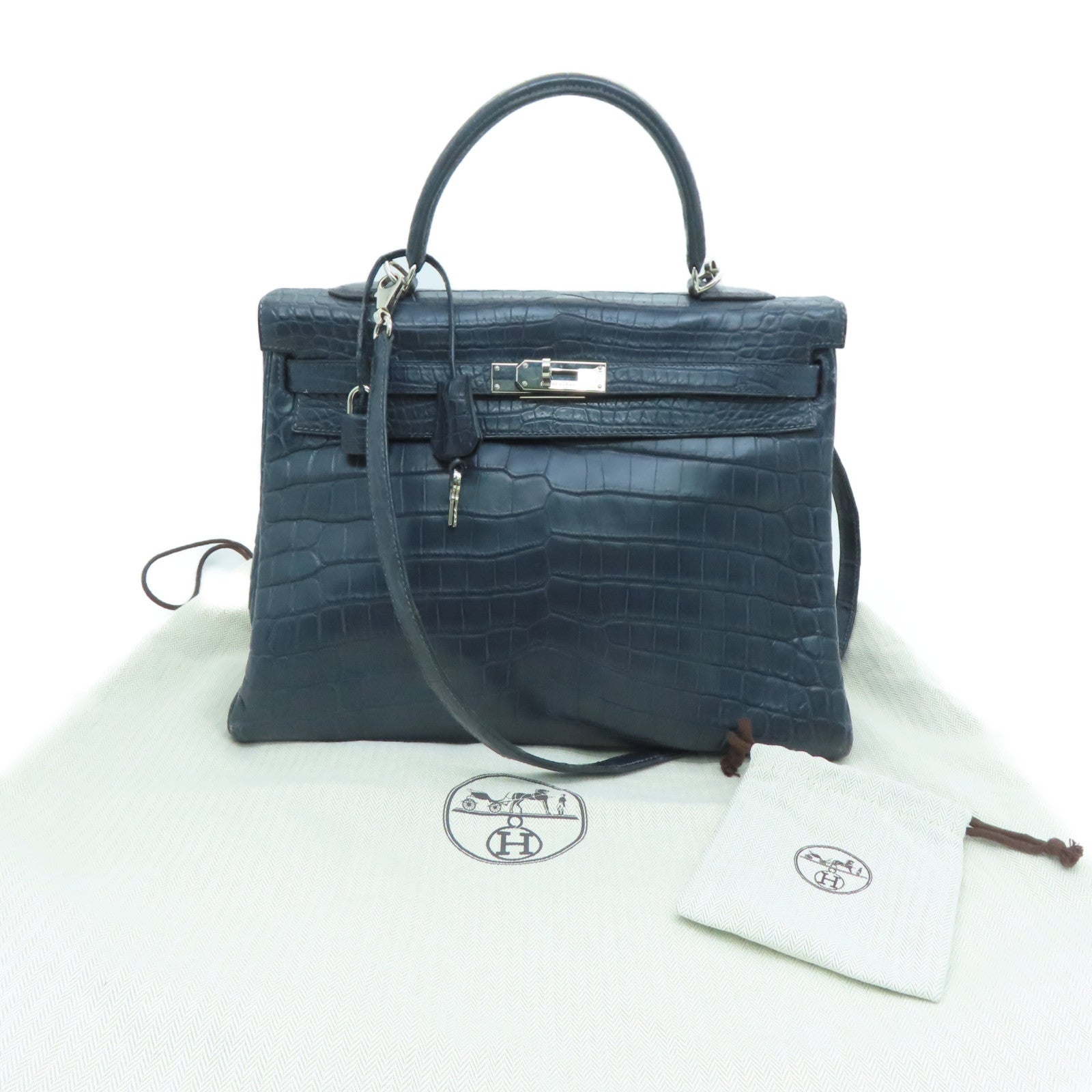 HERMES 【激減優惠】鱷魚皮革Kelly 35銀扣手挽袋Blue Abysse深淵藍色