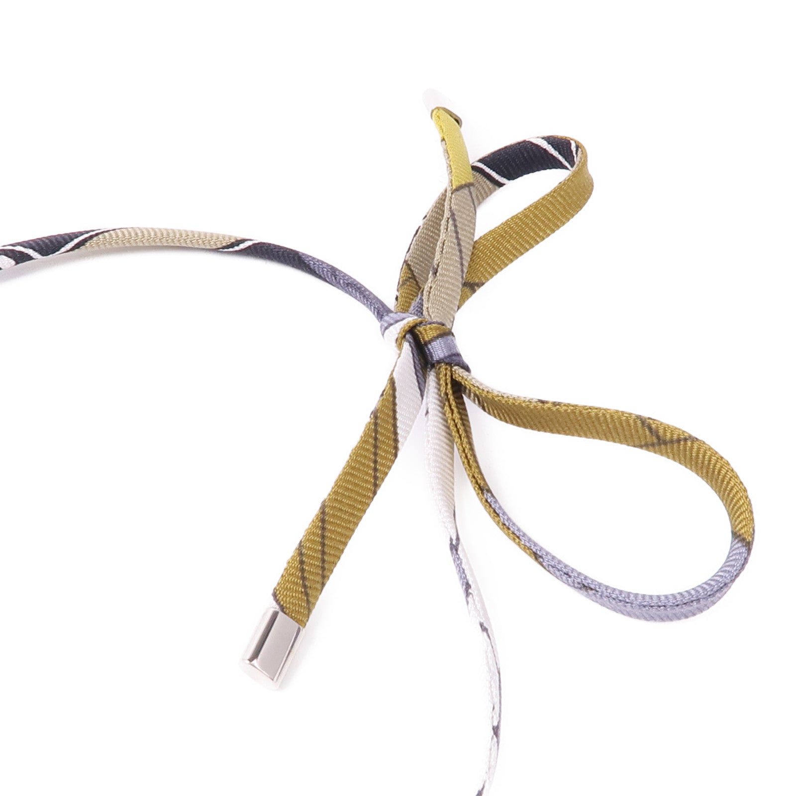 HERMES Tourbillon Necklace Bracelet Silk Metal Silver Black White Khaki