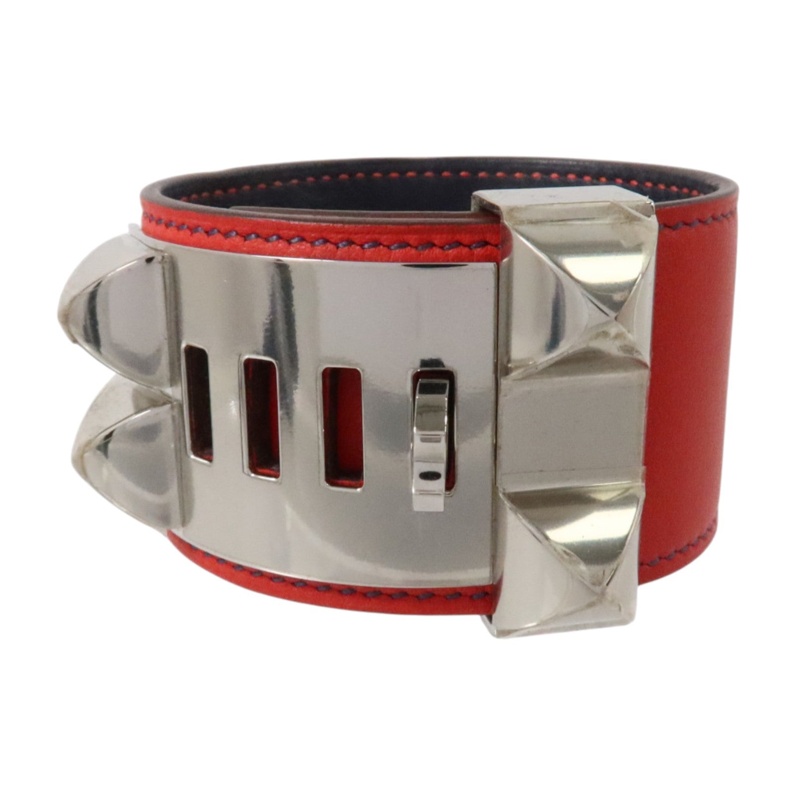HERMES Swift皮革/金屬Collier De Chien Bracelet銀扣扣手鏈Rouge Casaque