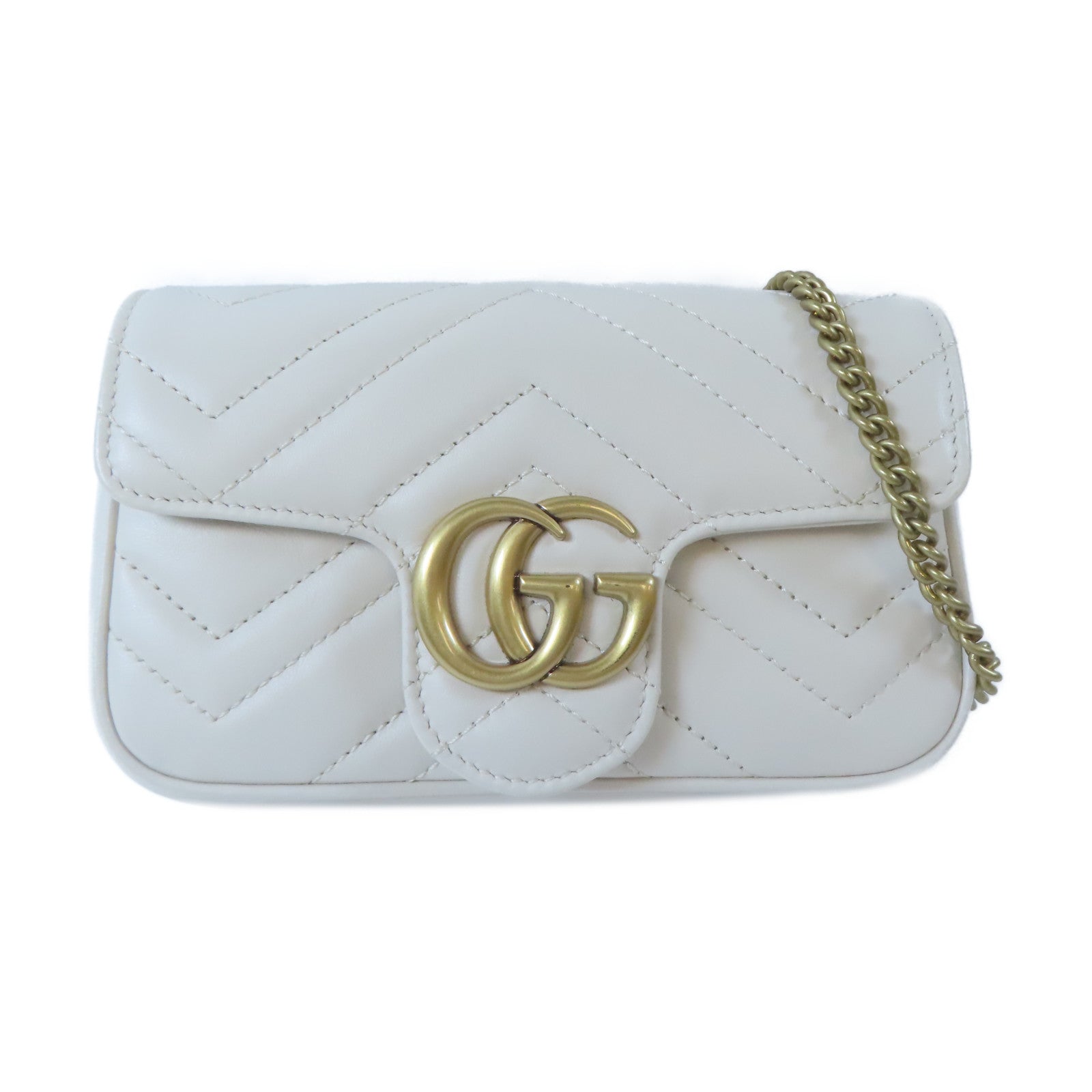 GUCCI 牛皮皮革GG Marmont Mini金扣鏈帶肩背袋白色