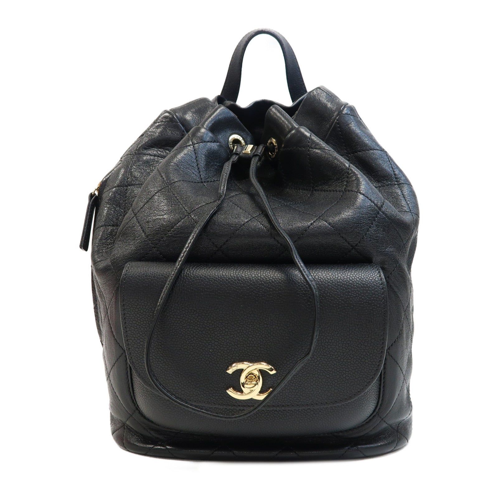 CHANEL 牛皮皮革Rucksack金扣背包黑色