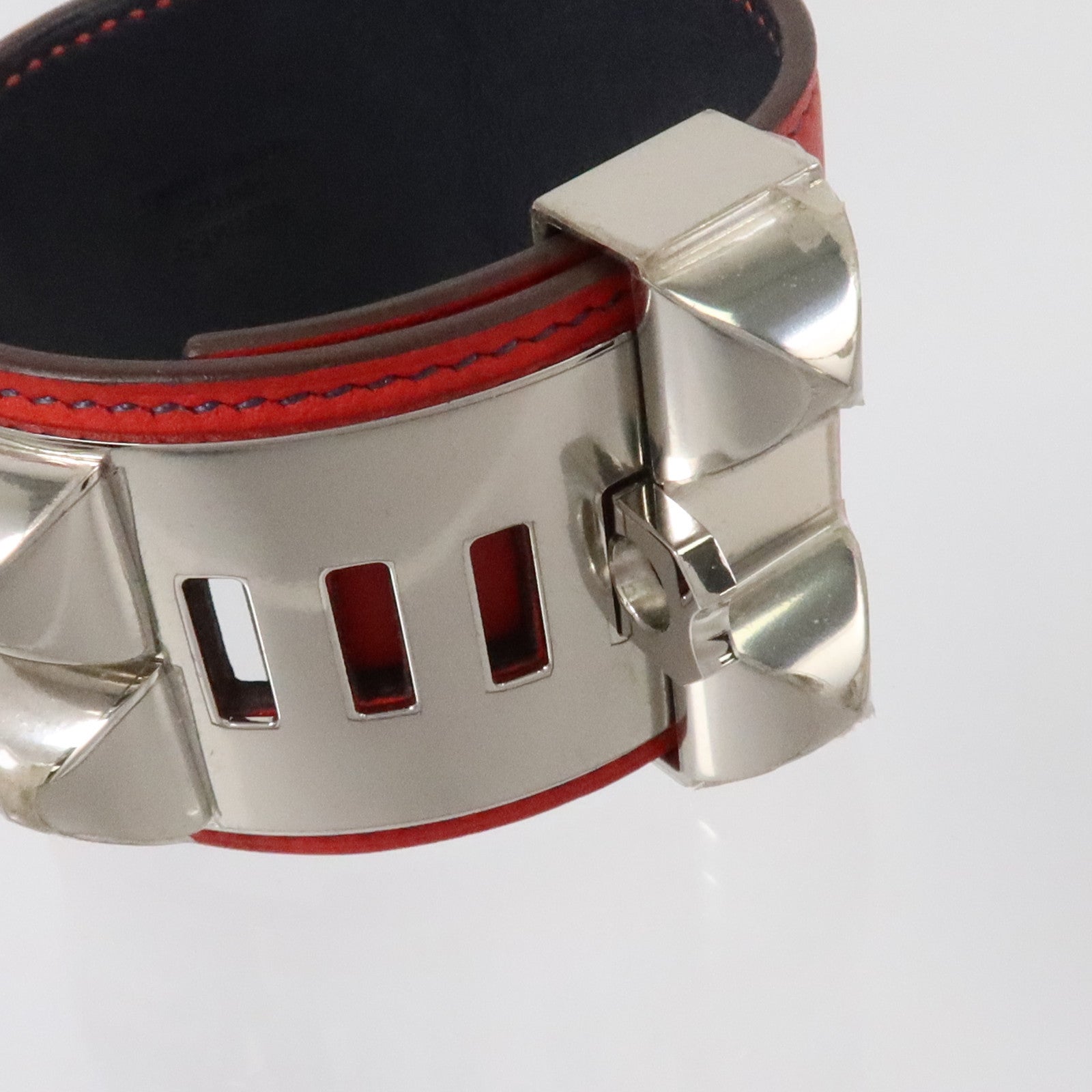 HERMES Swift皮革/金屬Collier De Chien Bracelet銀扣扣手鏈Rouge Casaque