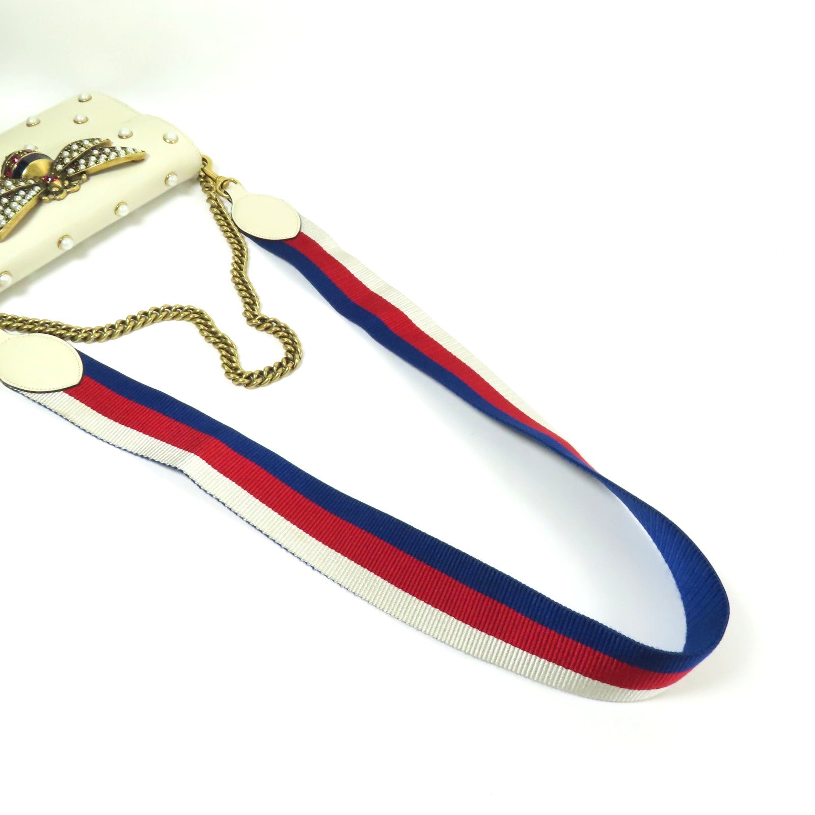 GUCCI GG GHW Broadway Pearl Bee Shoulder Bag Calfskin Leather Beige