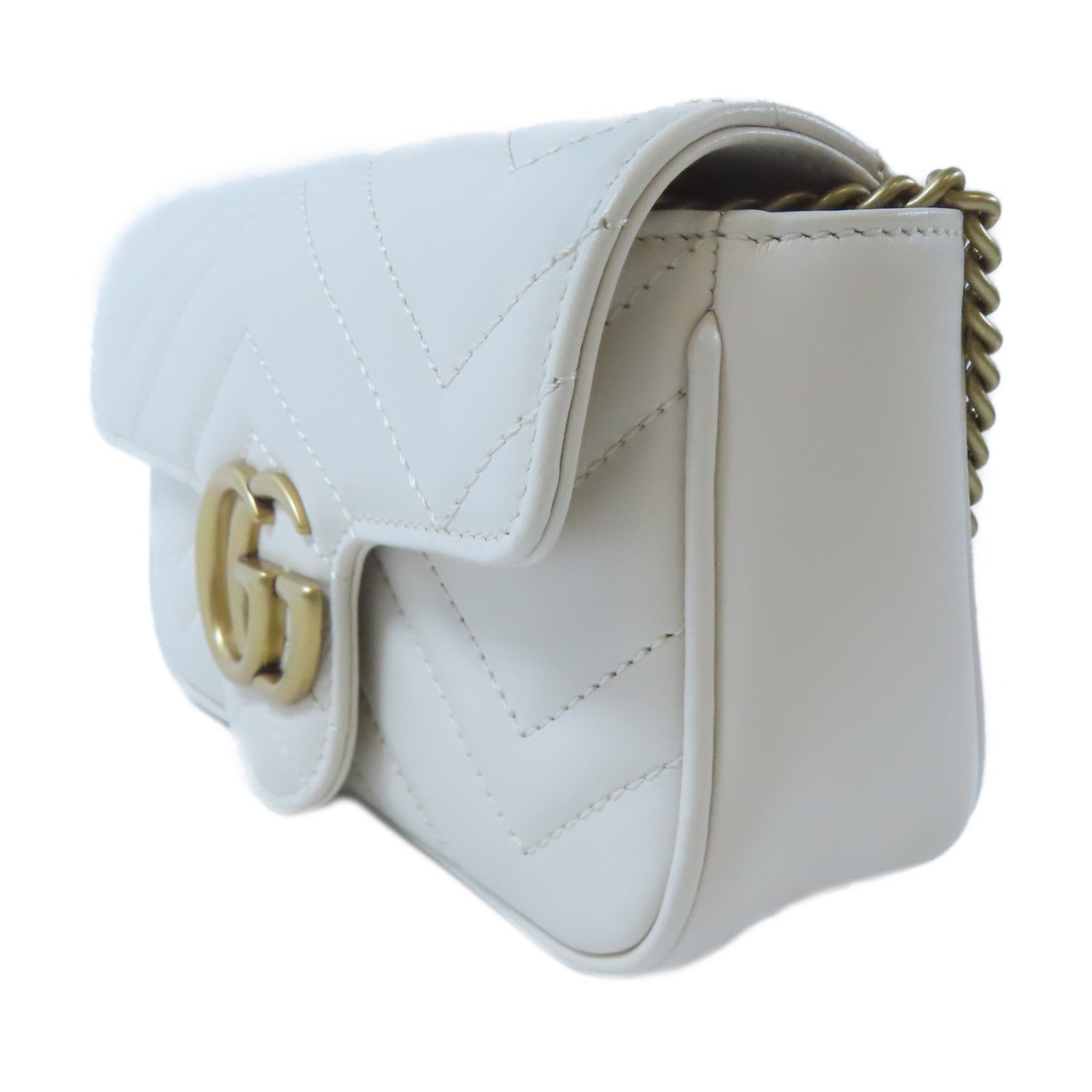 GUCCI 牛皮皮革GG Marmont Mini金扣鏈帶肩背袋白色