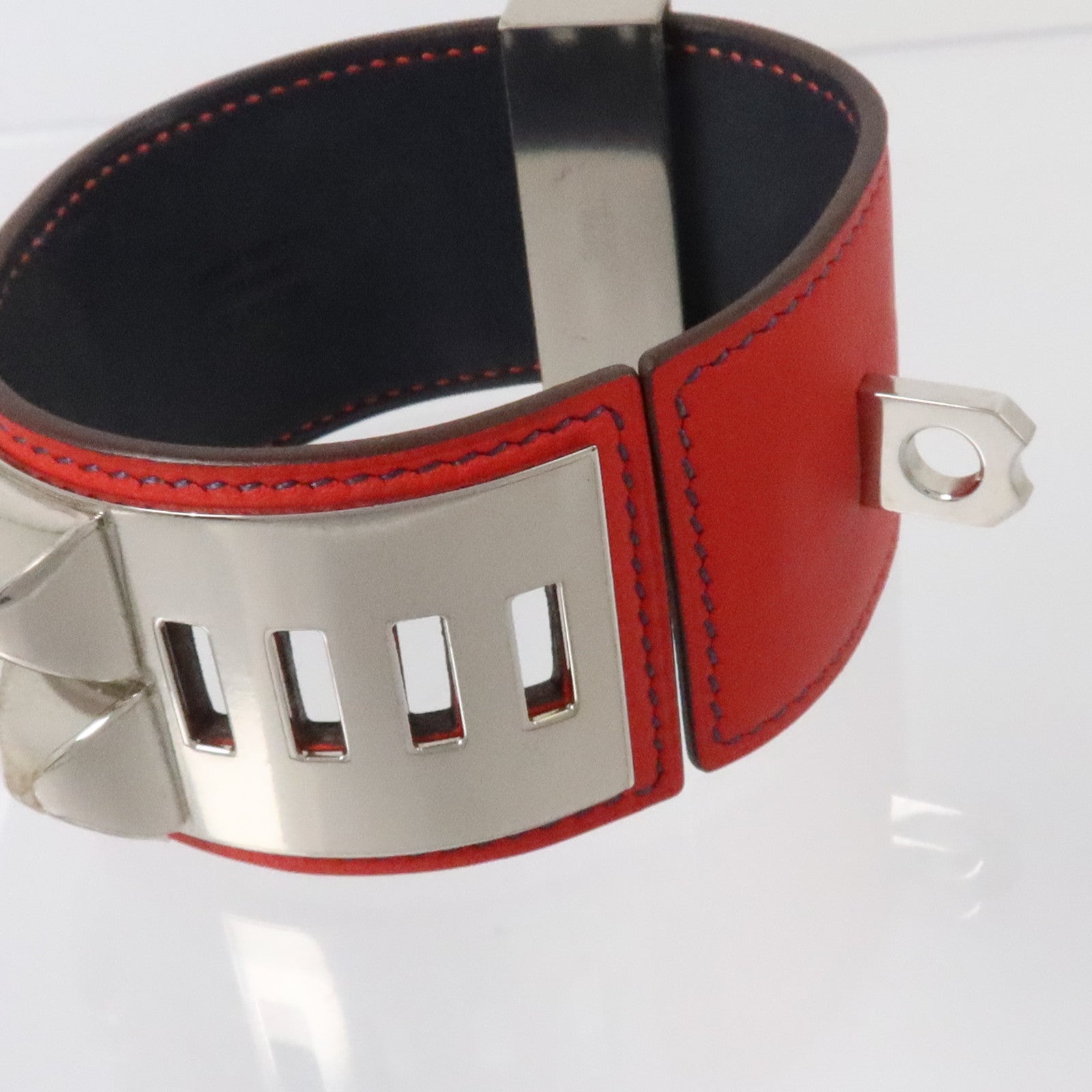 HERMES Swift皮革/金屬Collier De Chien Bracelet銀扣扣手鏈Rouge Casaque