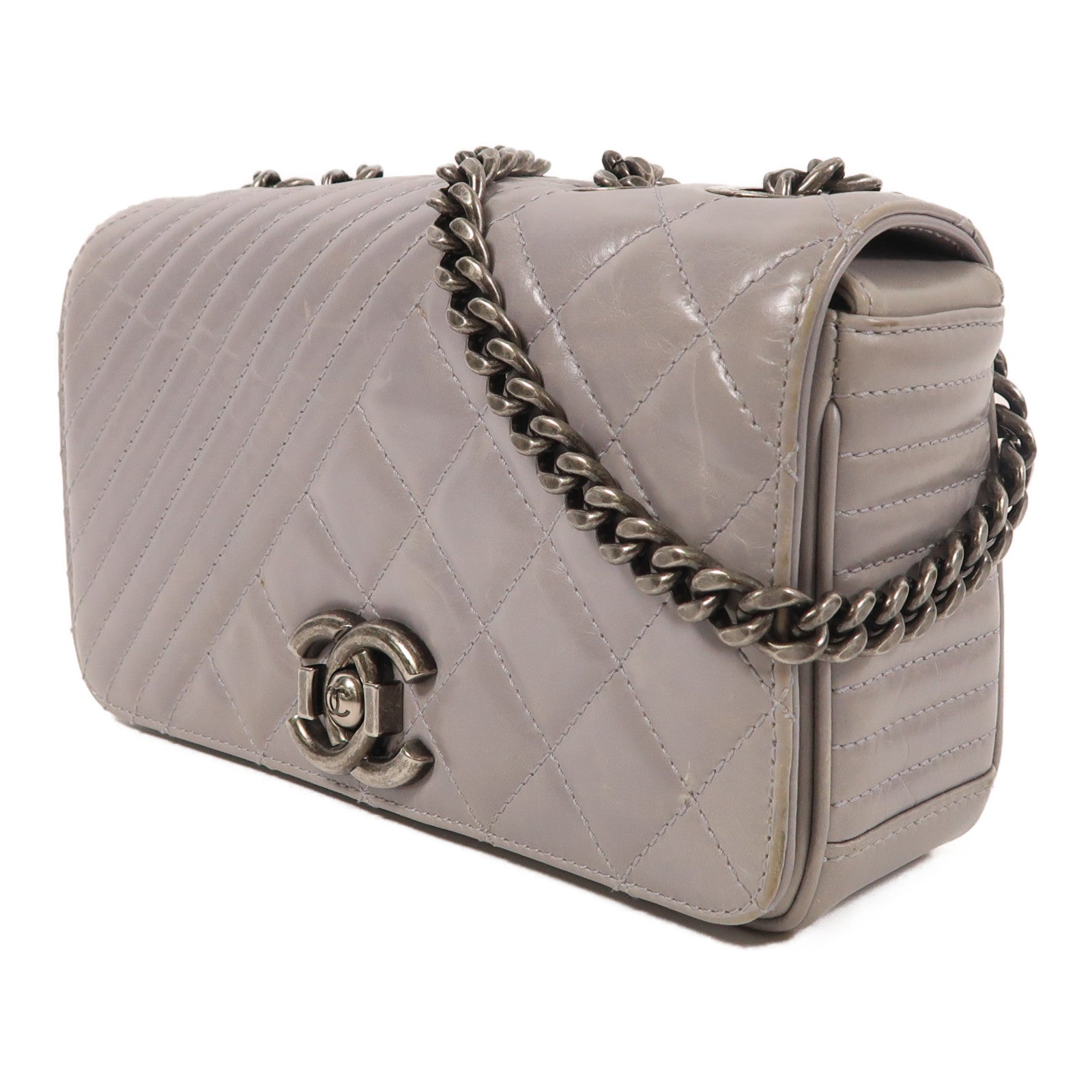 CHANEL 牛皮皮革Chain Shoulder銀扣鏈帶肩背袋