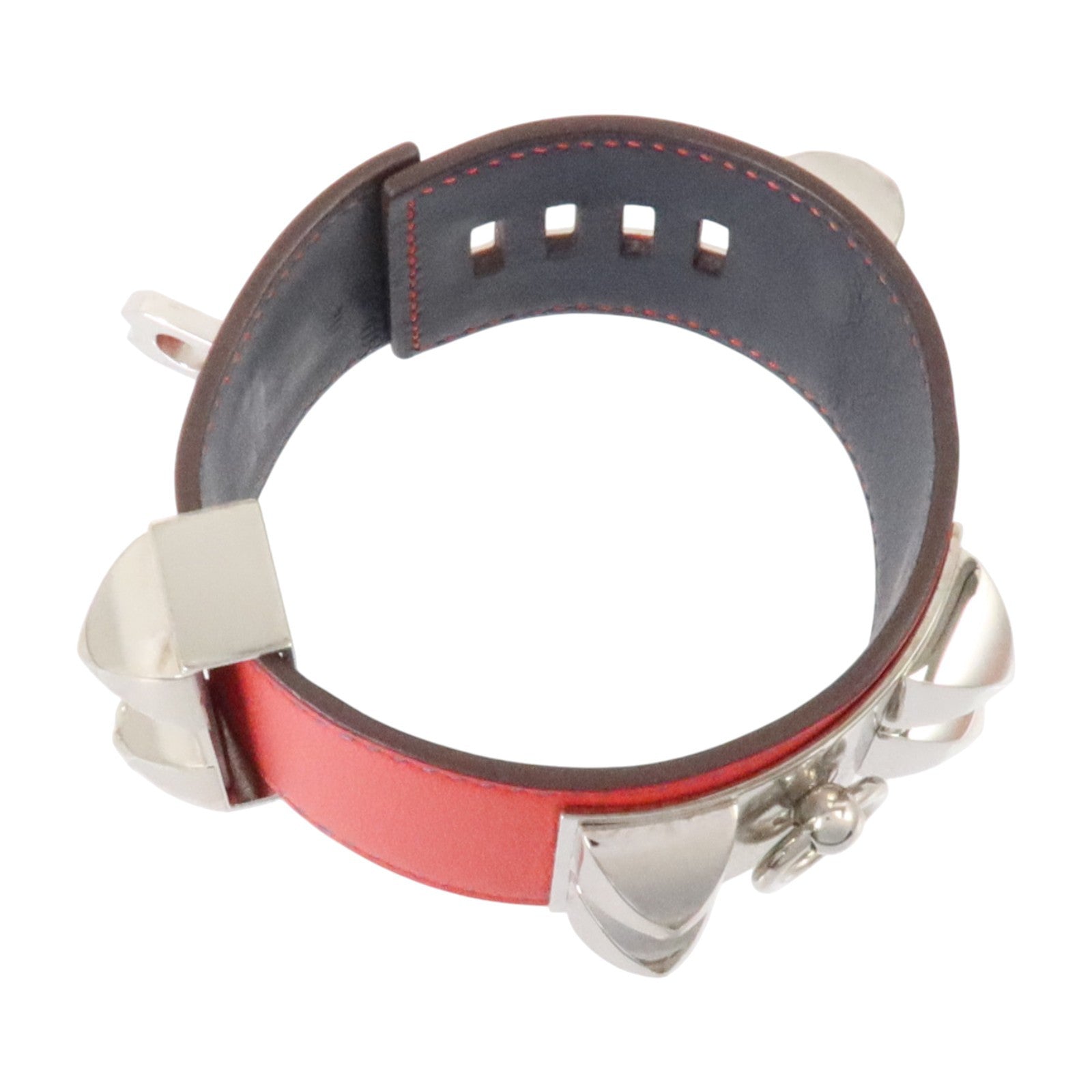 HERMES Swift皮革/金屬Collier De Chien Bracelet銀扣扣手鏈Rouge Casaque