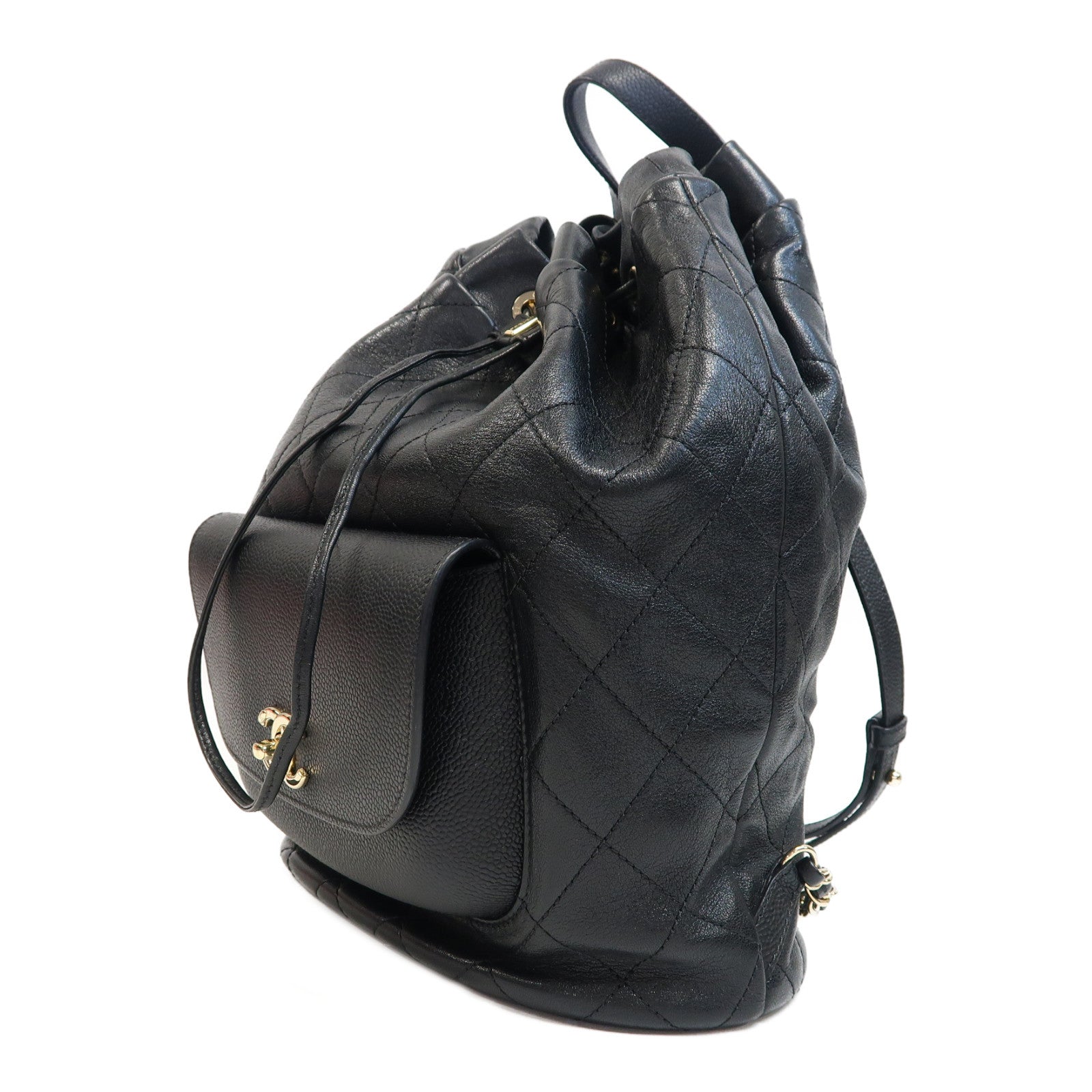 CHANEL 牛皮皮革Rucksack金扣背包黑色