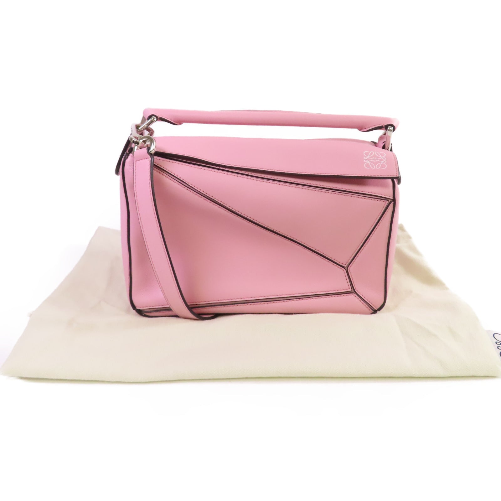 LOEWE 牛皮皮革Small Puzzle 2Way Shoulder Bag銀扣手挽肩背兩用袋粉紅色