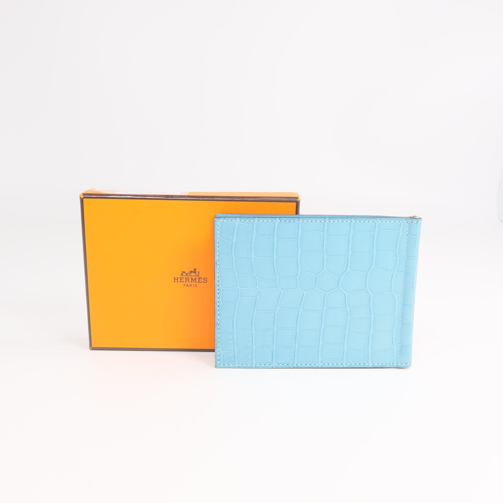 HERMES Alligator皮革Copernic Compact Wallet銀扣卡片套Bleu Atoll