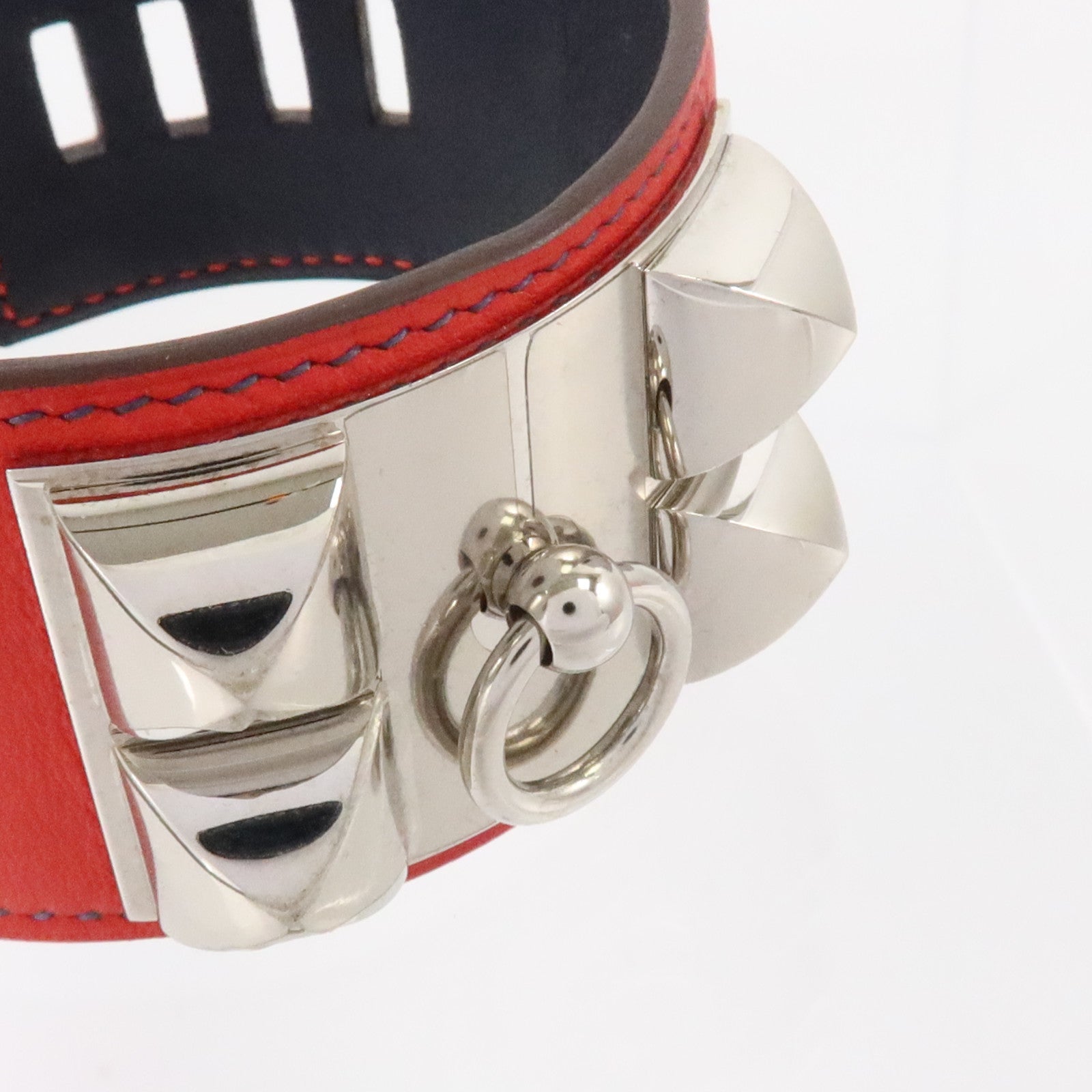 HERMES Swift皮革/金屬Collier De Chien Bracelet銀扣扣手鏈Rouge Casaque