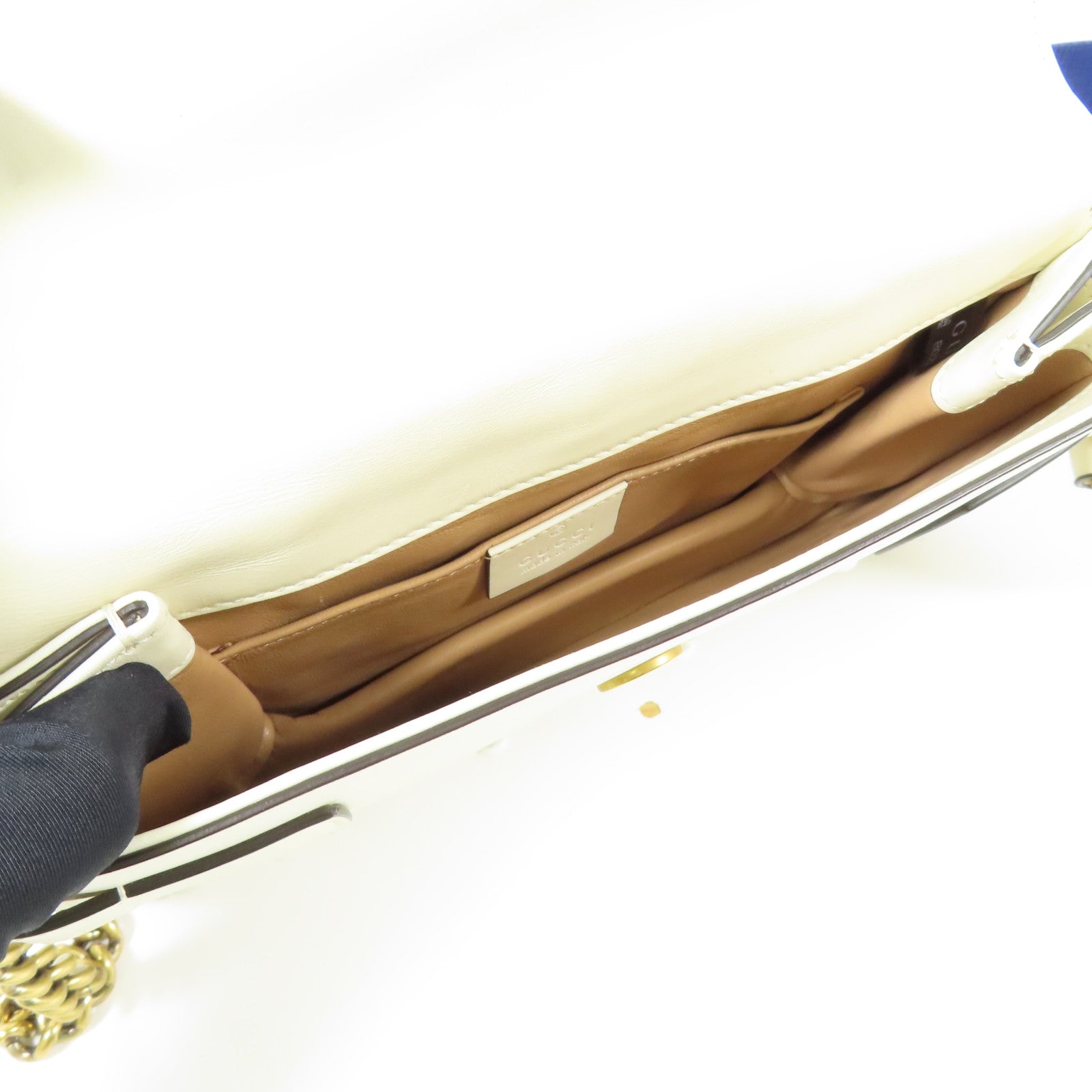 GUCCI GG GHW Broadway Pearl Bee Shoulder Bag Calfskin Leather Beige