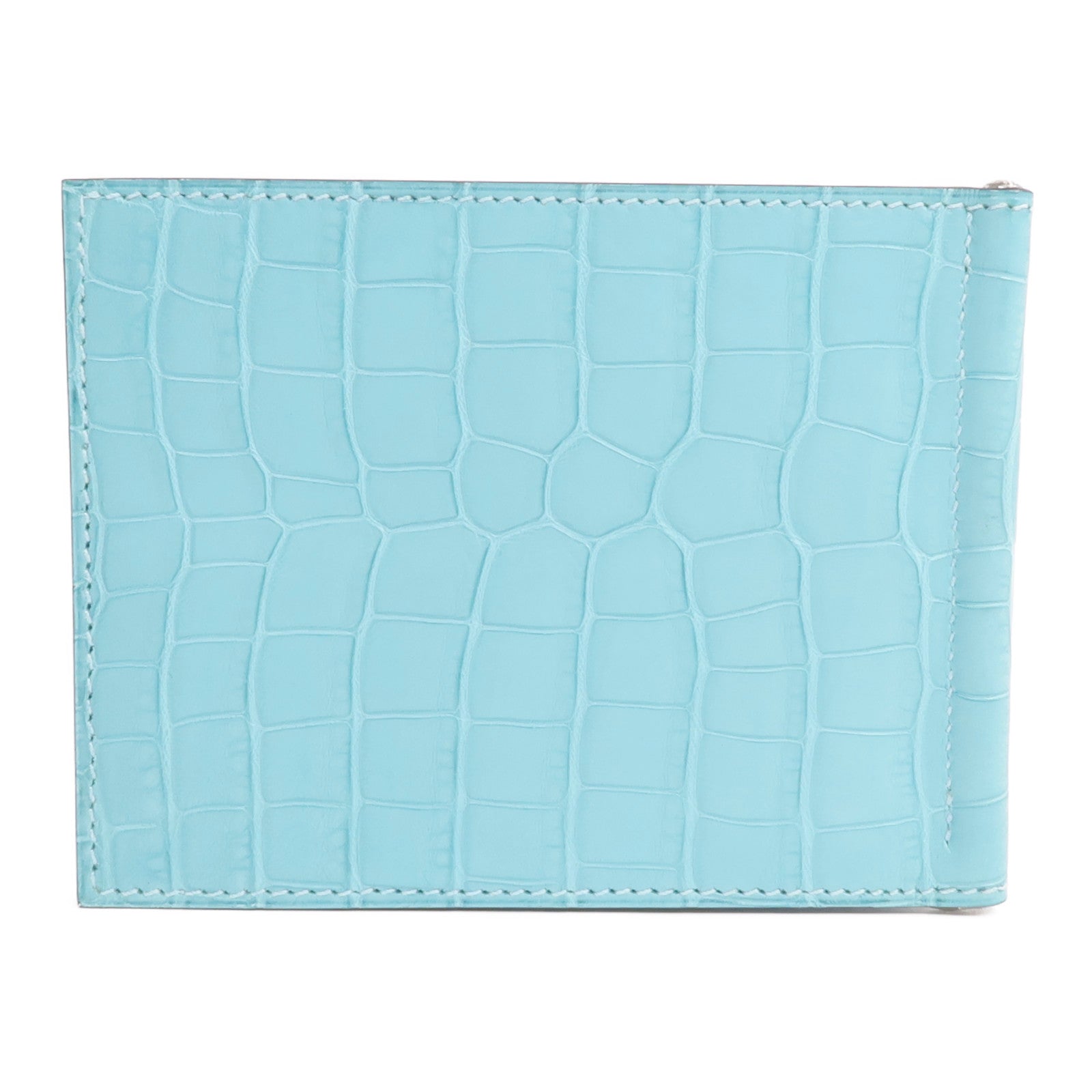 HERMES Alligator皮革Copernic Compact Wallet銀扣卡片套Bleu Atoll