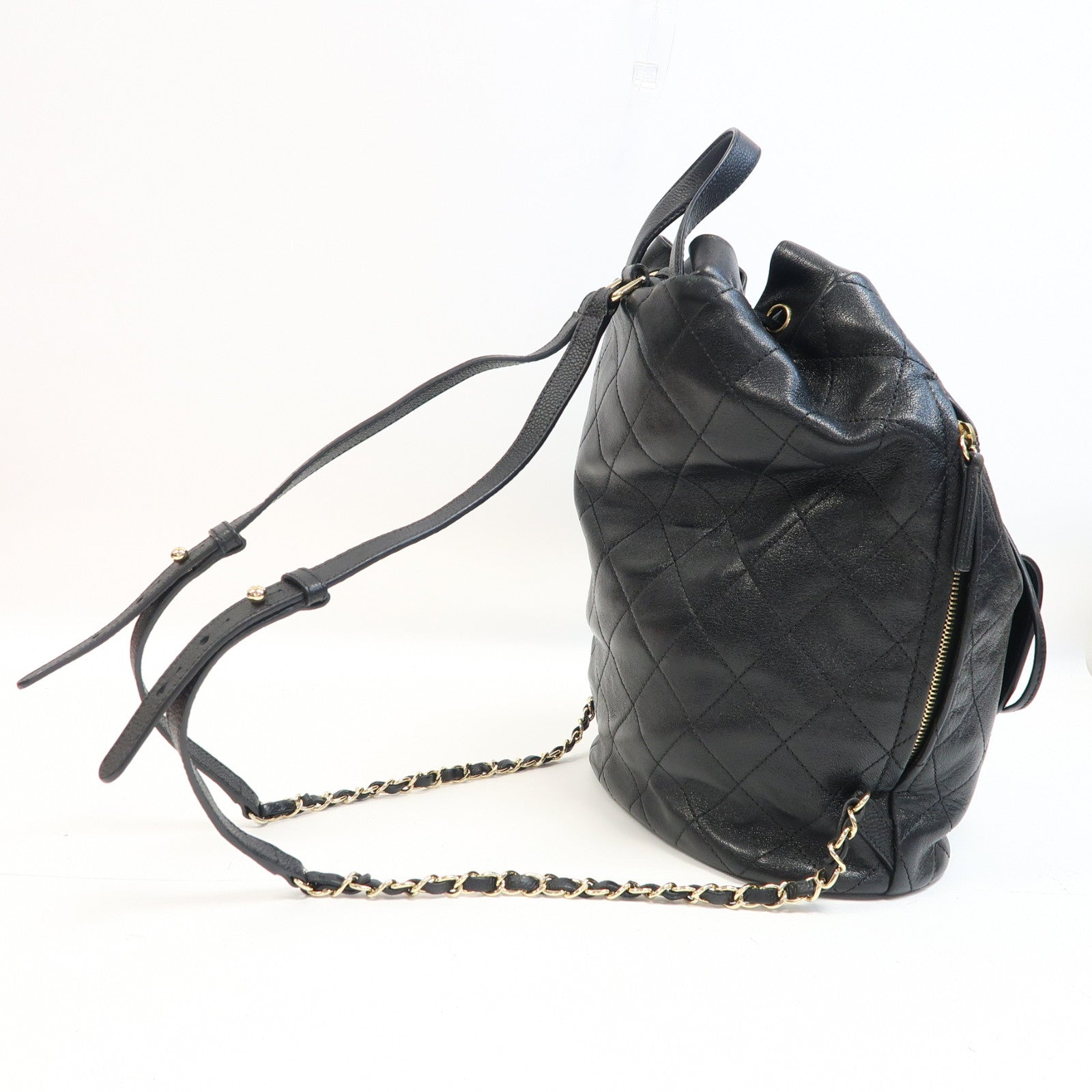 CHANEL 牛皮皮革Rucksack金扣背包黑色