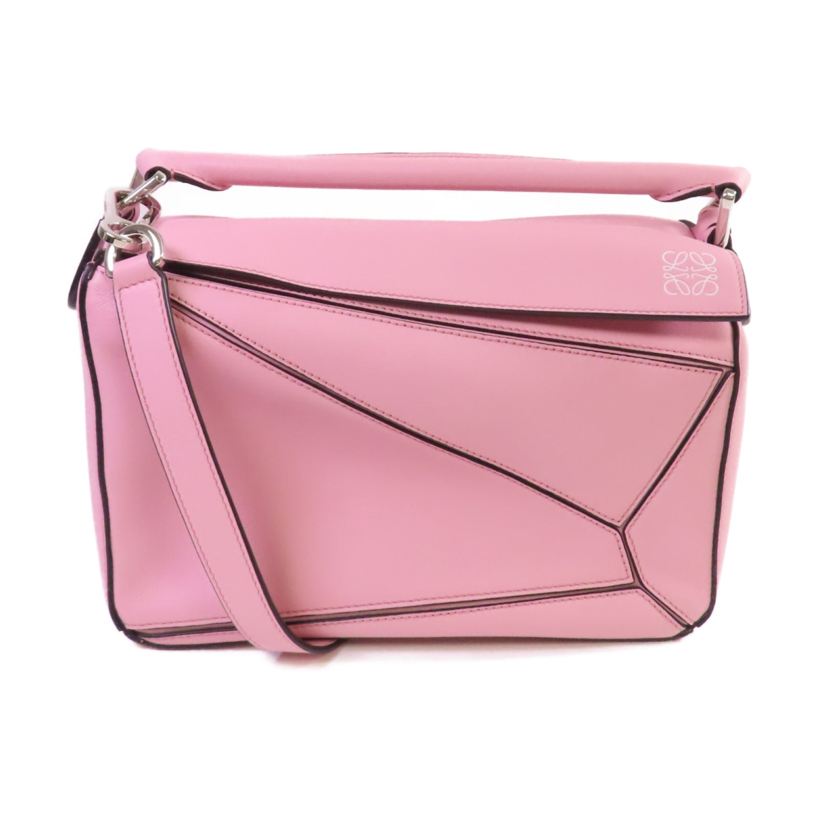 LOEWE 牛皮皮革Small Puzzle 2Way Shoulder Bag銀扣手挽肩背兩用袋粉紅色