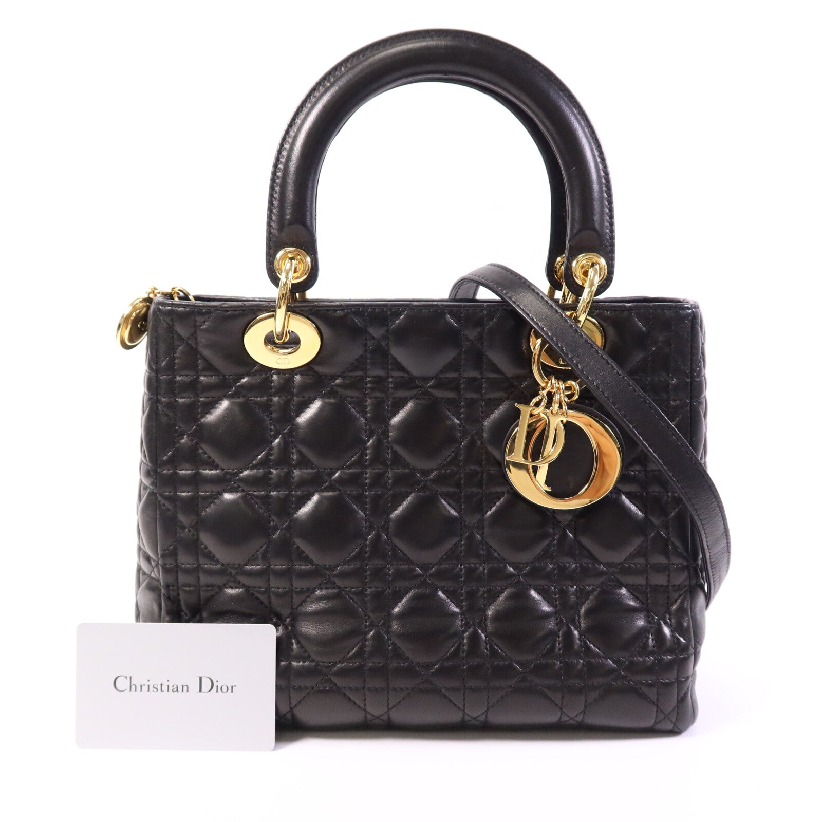 Dior 羊皮皮革Lady Dior Medium金扣手挽肩背兩用袋