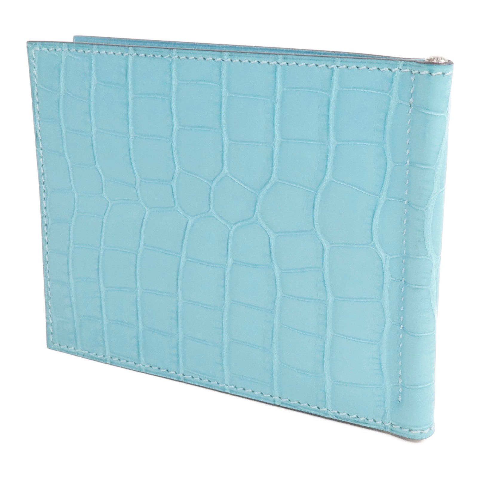 HERMES Alligator皮革Copernic Compact Wallet銀扣卡片套Bleu Atoll