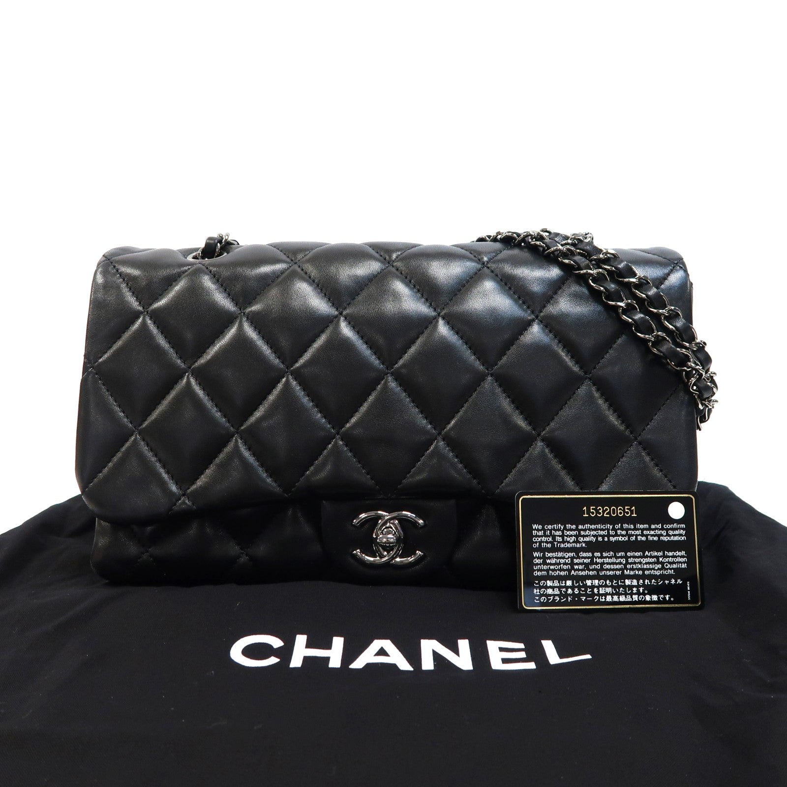 CHANEL 菱格羊皮皮革Chain Shoulder銀扣鏈帶肩背袋黑色