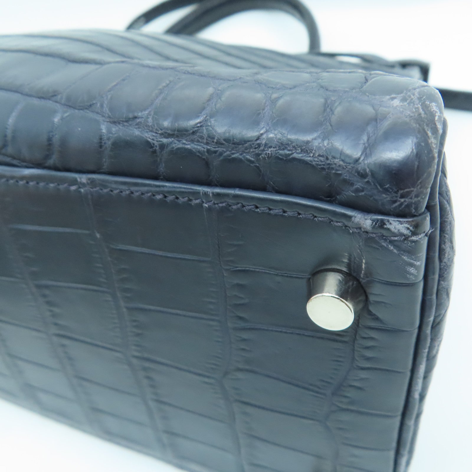 HERMES 【激減優惠】鱷魚皮革Kelly 35銀扣手挽袋Blue Abysse深淵藍色
