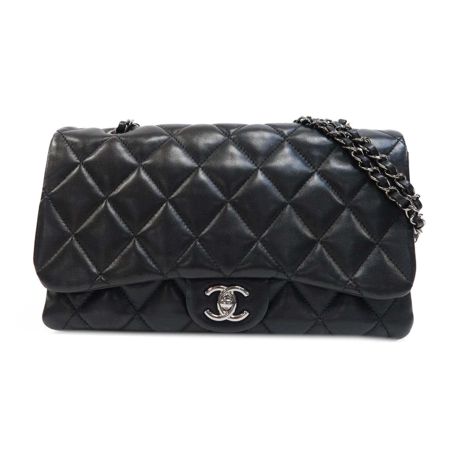 CHANEL 菱格羊皮皮革Chain Shoulder銀扣鏈帶肩背袋黑色