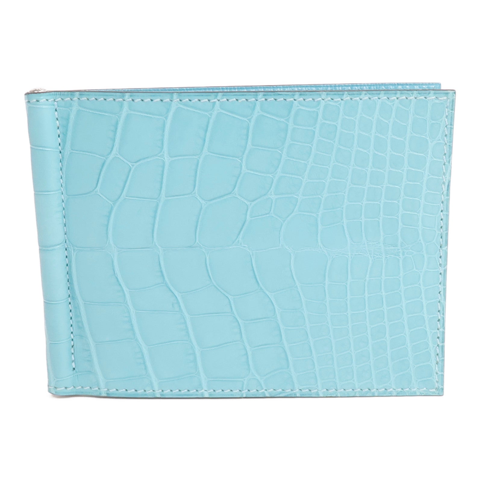 HERMES Alligator皮革Copernic Compact Wallet銀扣卡片套Bleu Atoll